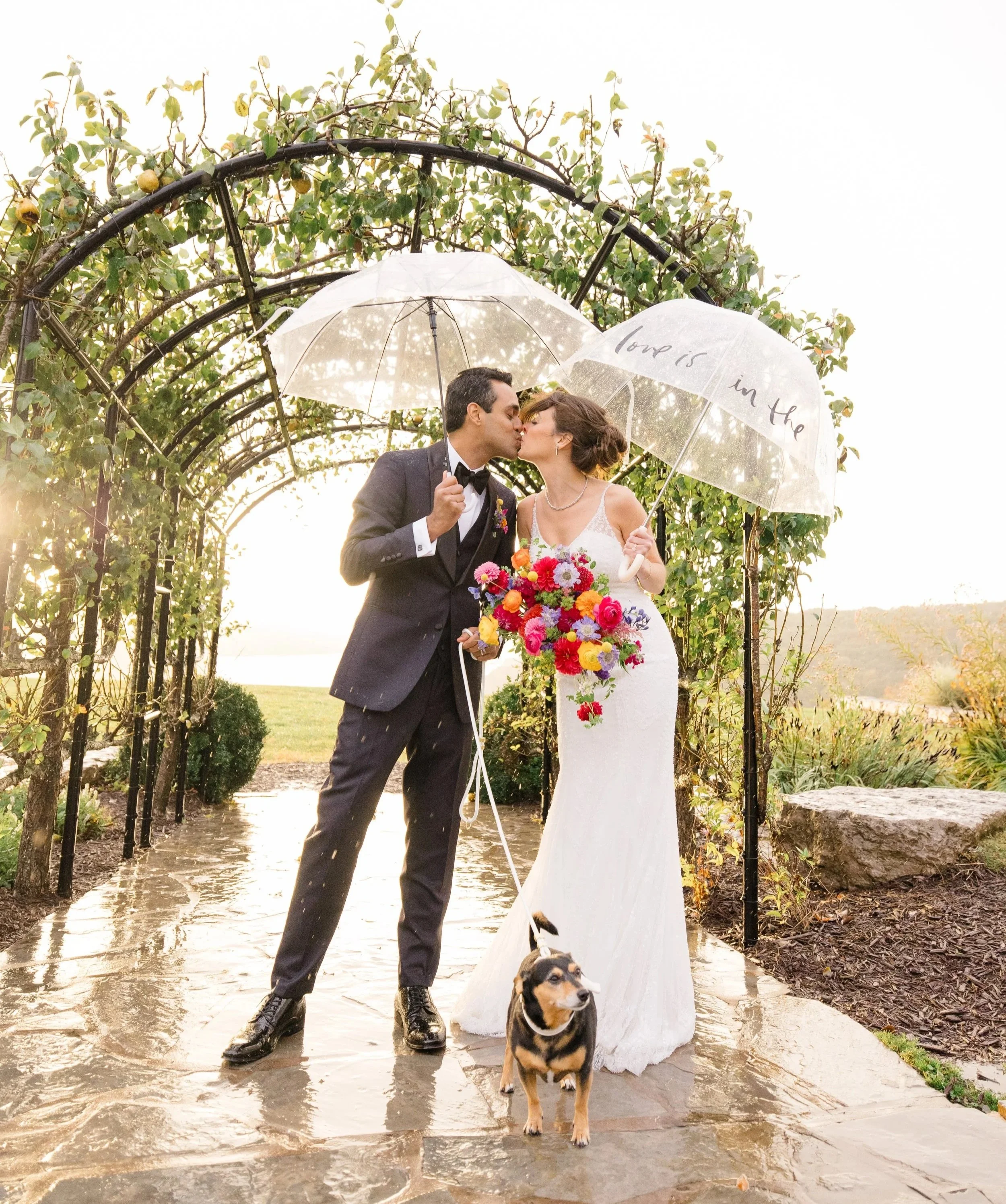 A bride and groom in wedding attire kiss under umbrellas, holding a large bouquet of colorful flowers, with a dog on a leash, standing on a wet stone pathway through a garden archway at sunset.