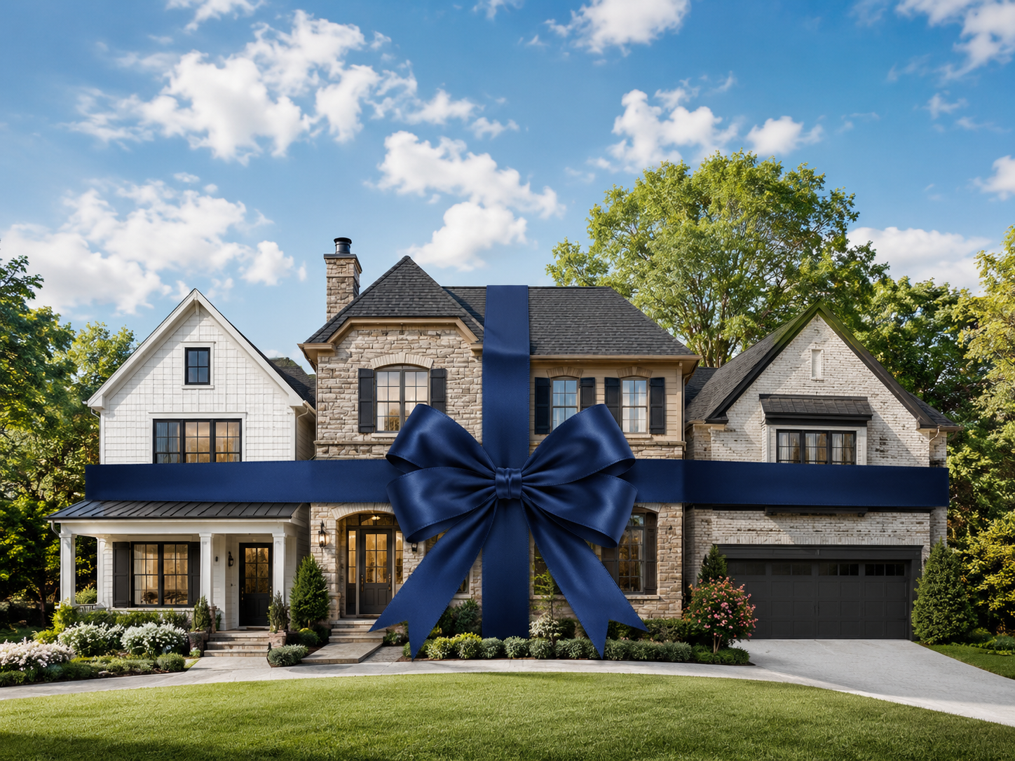 Property Care Plans graphic showing a home wrapped with a blue ribbon to represent scheduled exterior cleaning maintenance.