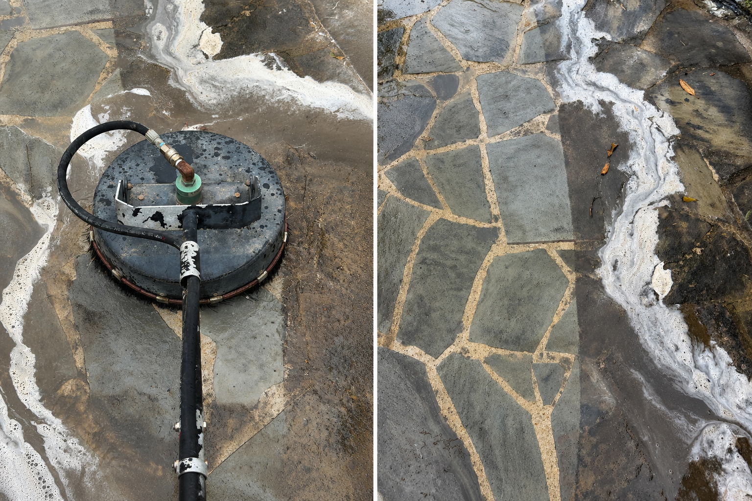 A power washer is cleaning a stone outdoor patio, revealing a cleaner, more vibrant stone pattern beneath the dirt and grime.
