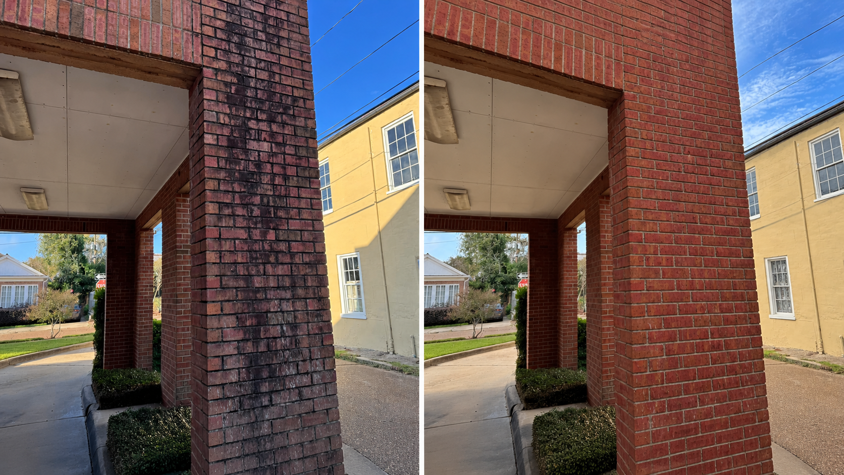 A side-by-side comparison of a brick pillar, showing the difference in cleanliness or cleaning process. The left side has a weathered, blackened, and stained brick pillar, while the right side features a clean, bright red brick pillar.