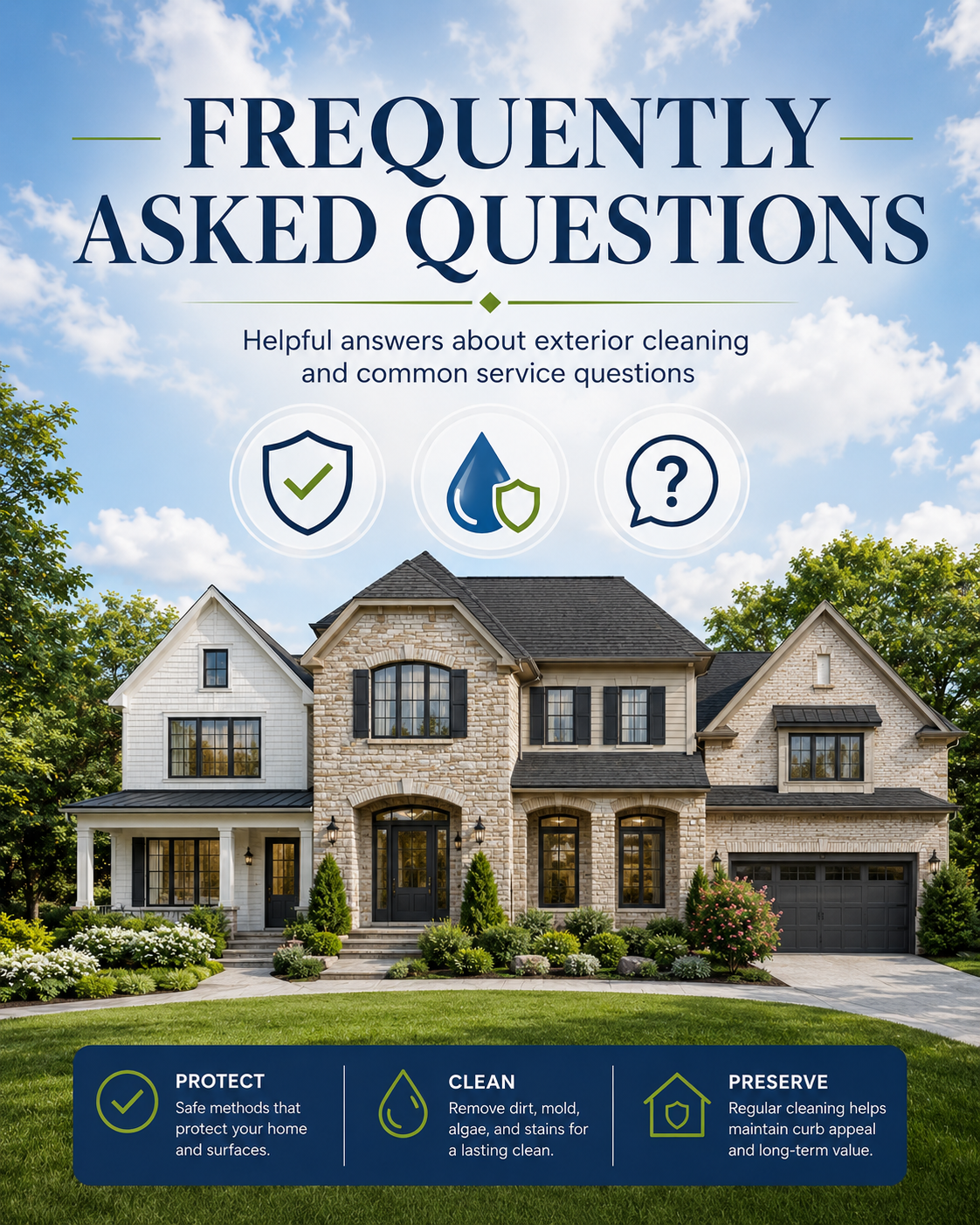 Exterior cleaning FAQs graphic for Cornwell Exterior Cleaning with a clean home and lawn background.