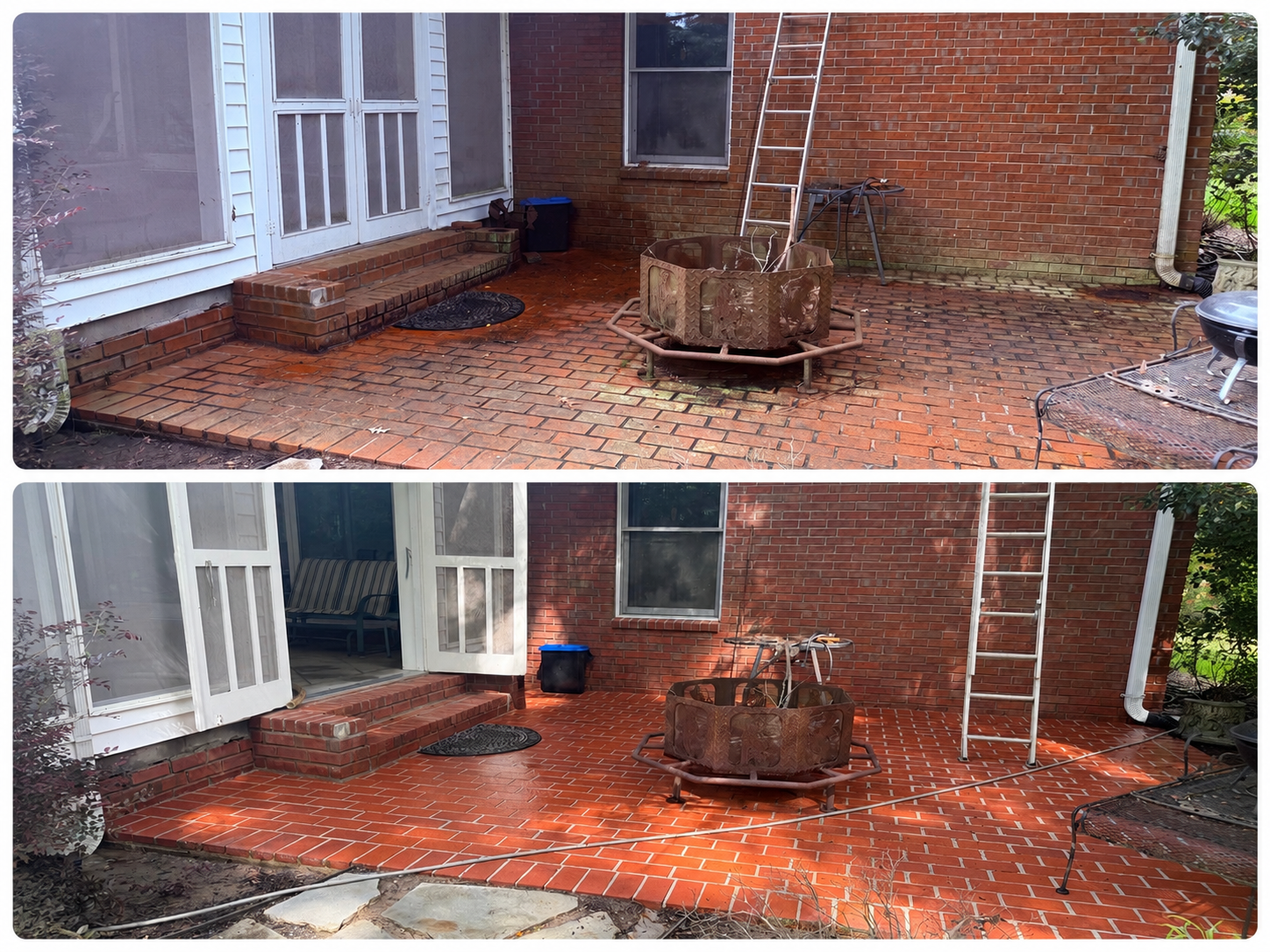 Before and after photos of a brick patio renovation, showing removal of old brick surface and installation of new red bricks, with a porch, ladder, and outdoor furniture present in both images.