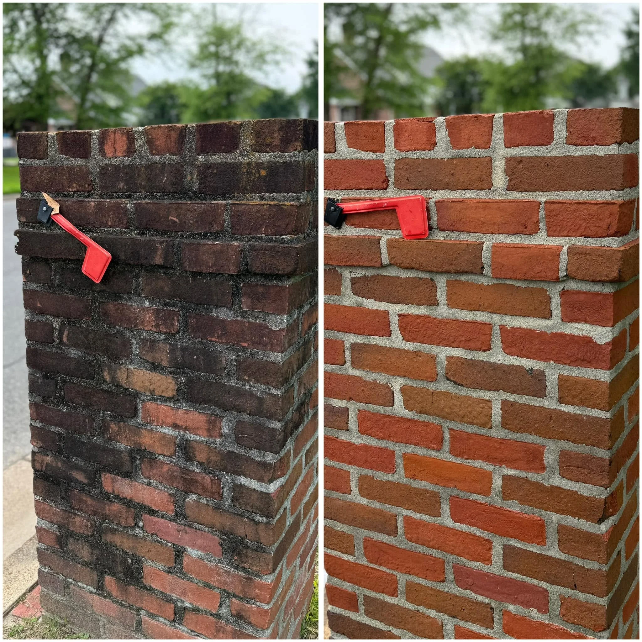Comparison of two brick walls, one old and weathered with darker bricks and mortar, and one new with bright red bricks and white mortar.