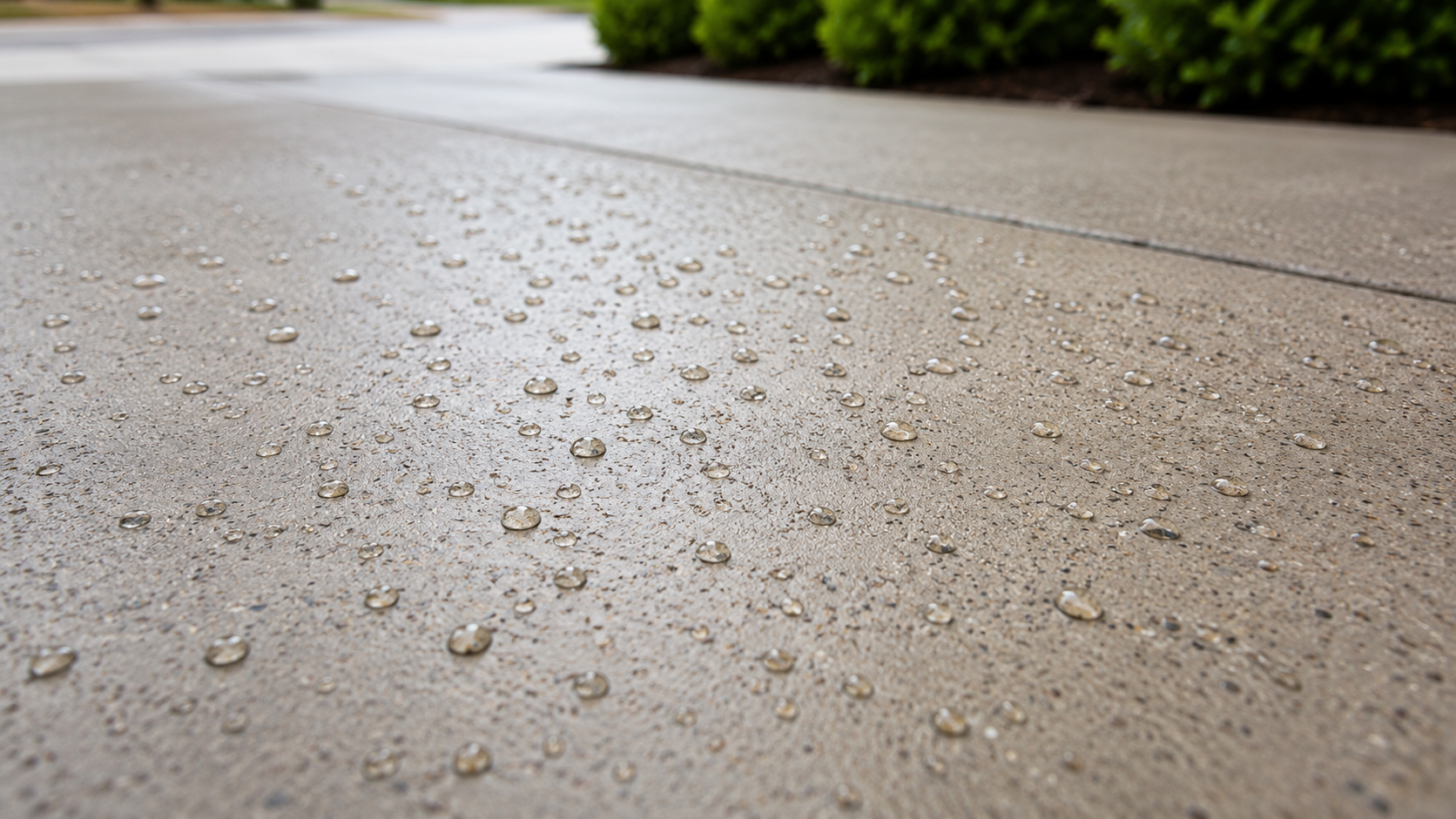 Close-up of a wet concrete sidewalk with water droplets on the surface, green bushes in the background.
