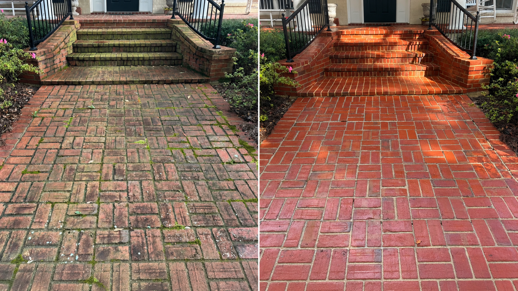 Before-and-after comparison of professional brick cleaning on a front porch and steps in Natchez, Mississippi, showing years of organic growth and discoloration removed from the brick surface.