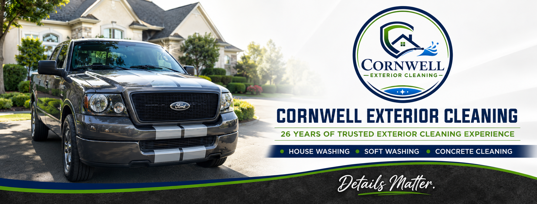 Cornwell Exterior Cleaning service truck providing house washing, soft washing, concrete cleaning, and exterior cleaning services in Natchez, Mississippi.