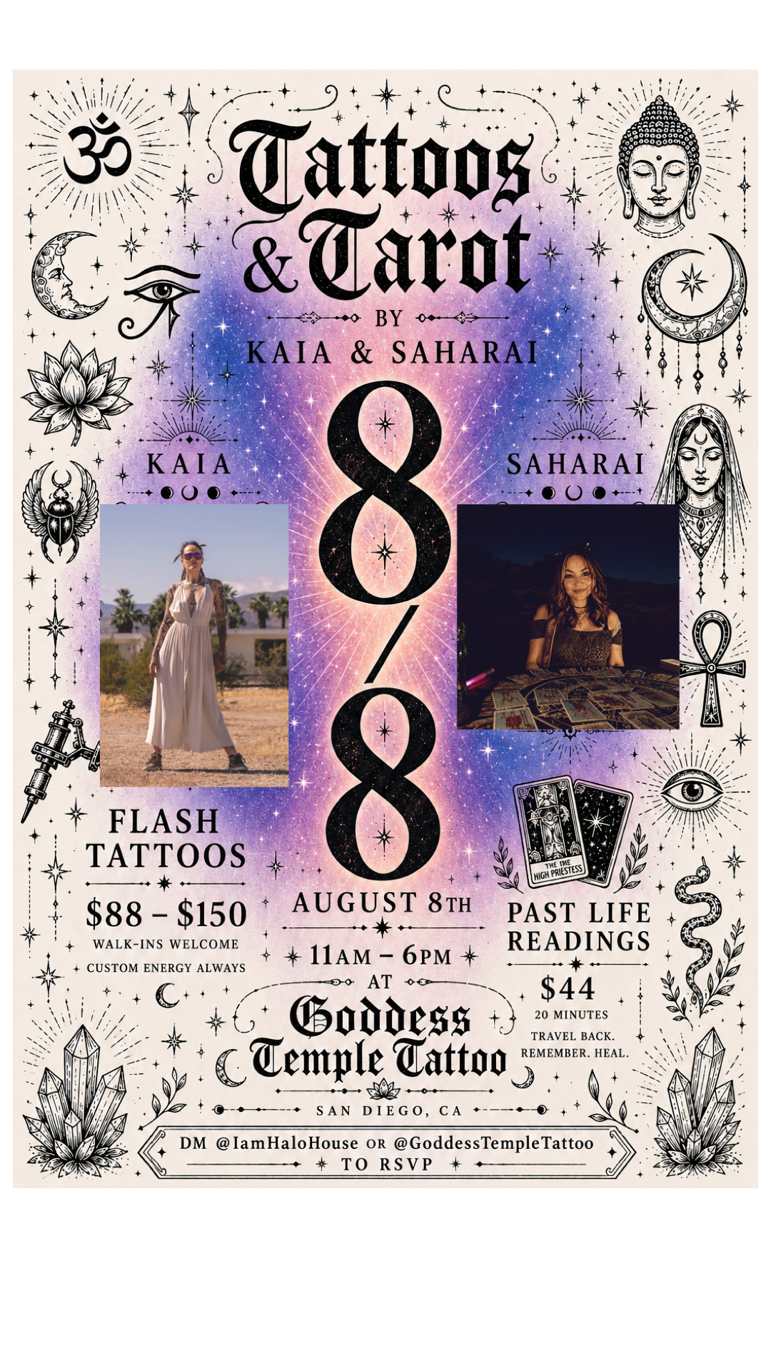 Flash Tattoos + Tarot at Goddess Temple tattoo studio by Kaia + Saharai