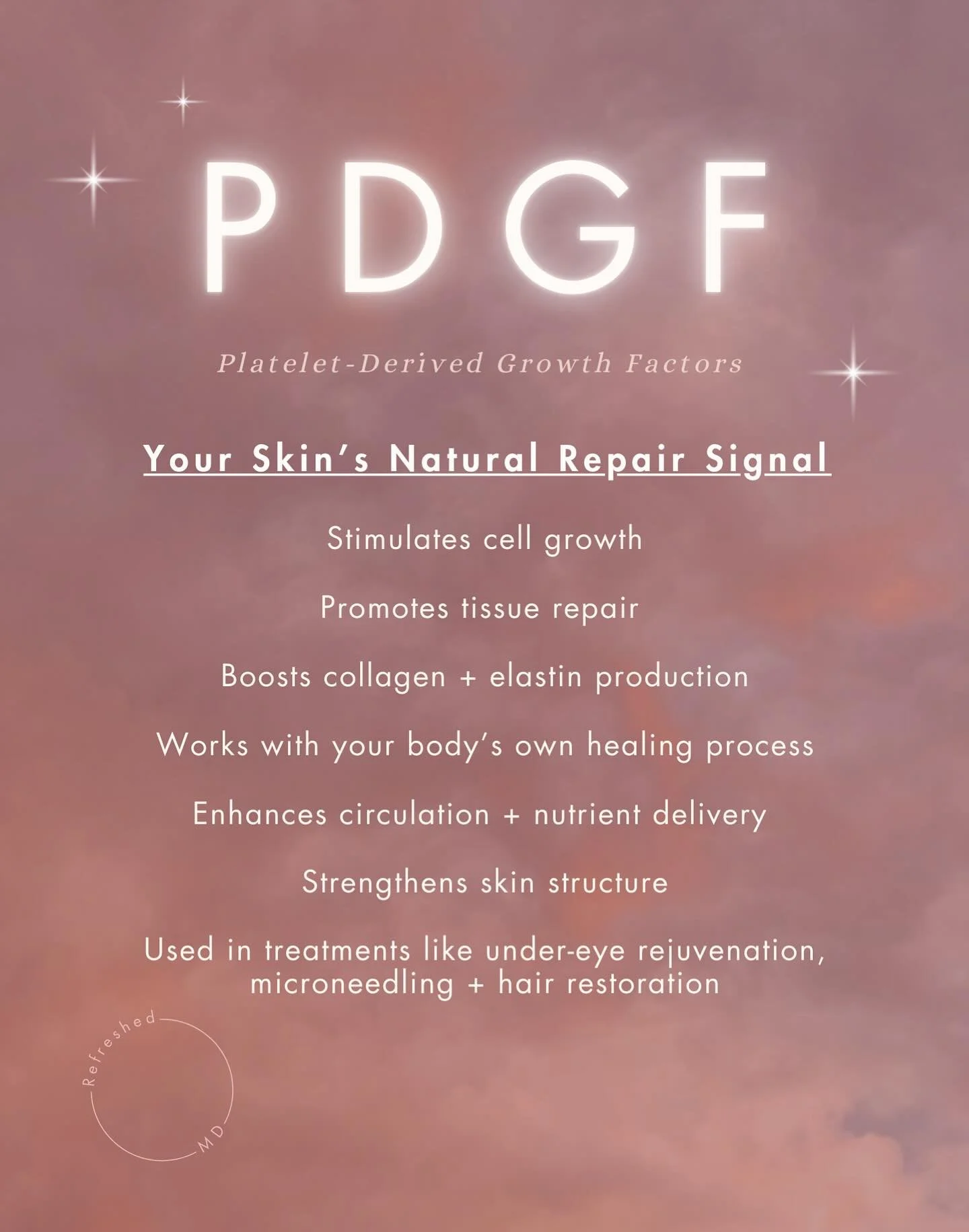 ✨PDGF: Your skin&rsquo;s natural repair signal ✨
Platelet-Derived Growth Factors work in harmony with your body to rejuvenate and restore from within.

🌟 Stimulates cell growth &amp; tissue repair
🌟 Boosts collagen + elastin production
🌟 Enhances 