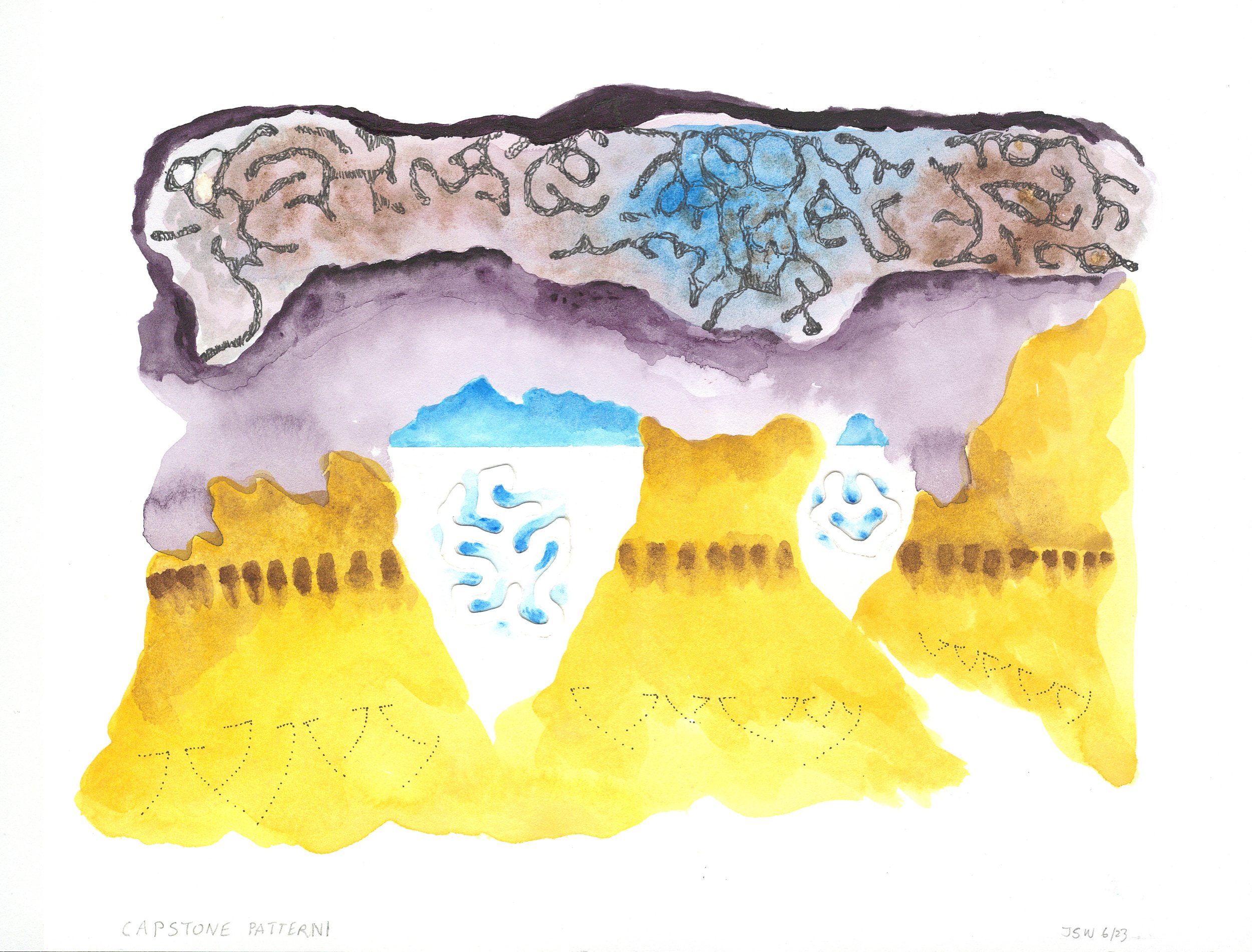 Capstone Patterni
2023
Acrylic, ink and paper collage on paper
12.5 x 9.5 inches
$200.00
