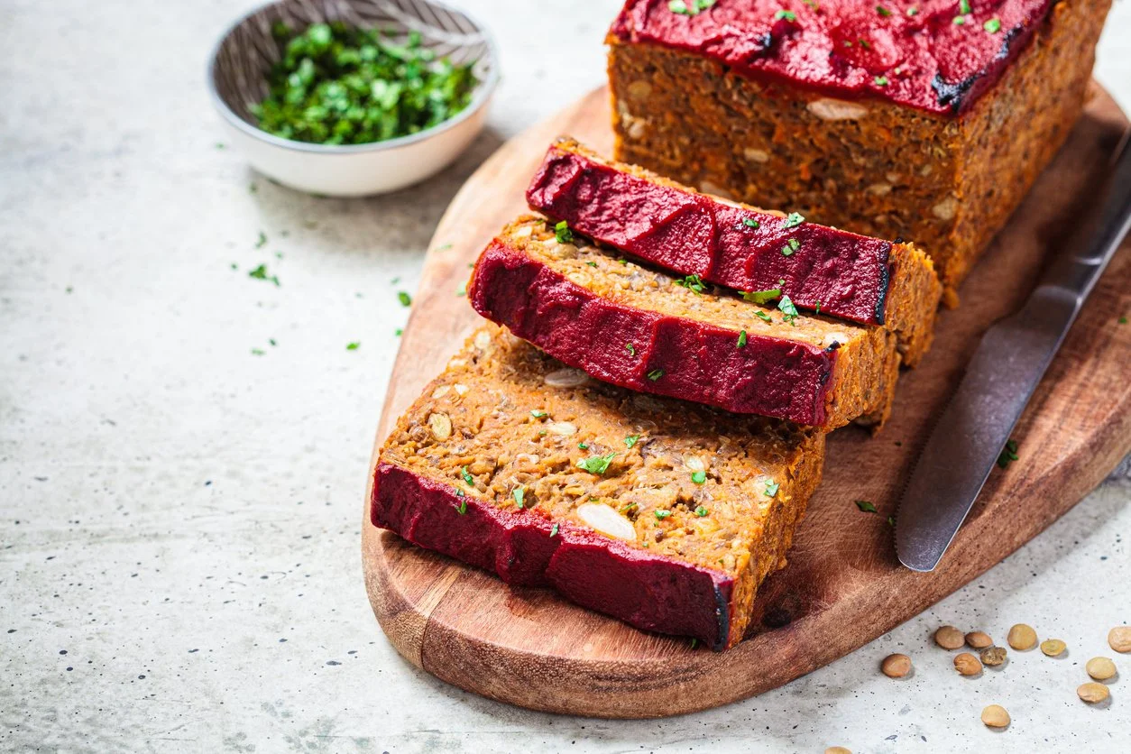 vegetarian "meatloaf" with red topping