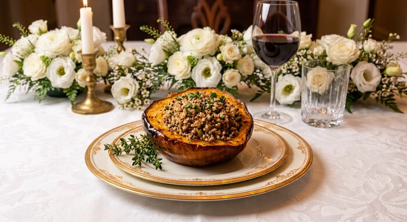 roasted acorn squash stuffed with quinoa on a china plate, on a formal table with white flowers and candles