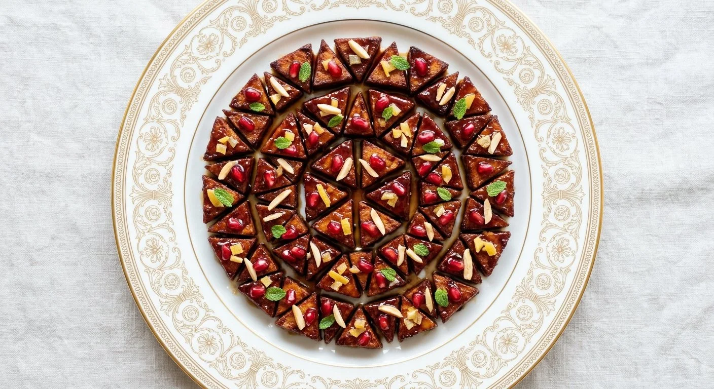 white and gold plate with golden brown triangles of glazed tofu concentrically arranged, topped with chopped preserved lemon, pomegranate arils, slivered almonds, and chopped green herbs