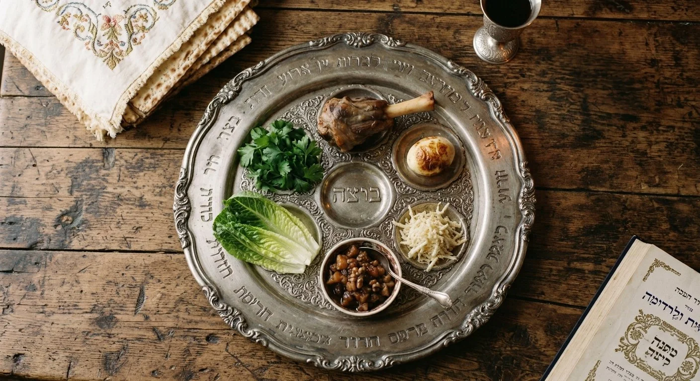 seder plate, traditional, with symbolic foods