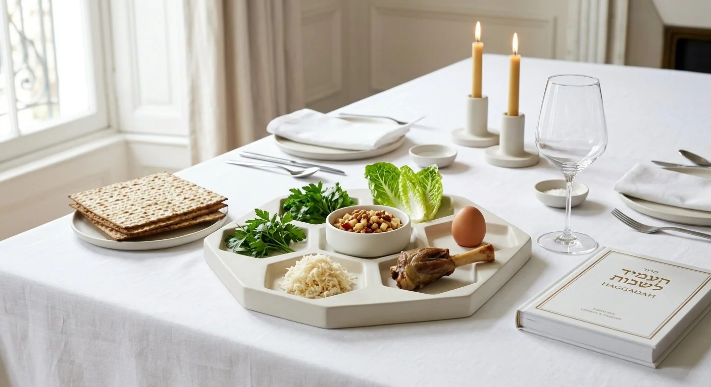 modern seder plate with symbolic foods, on a set table