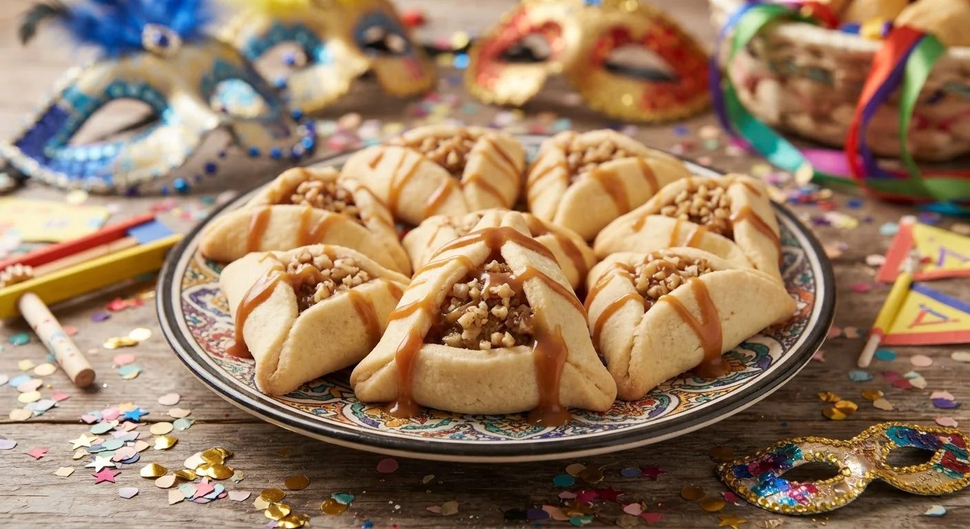 triangular pastries stuffed with banana and nuts with a caramel drizzle, hamantaschen