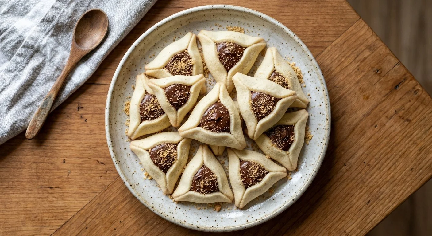 hamantaschen triangular pastries, filled with nutella, on a plate