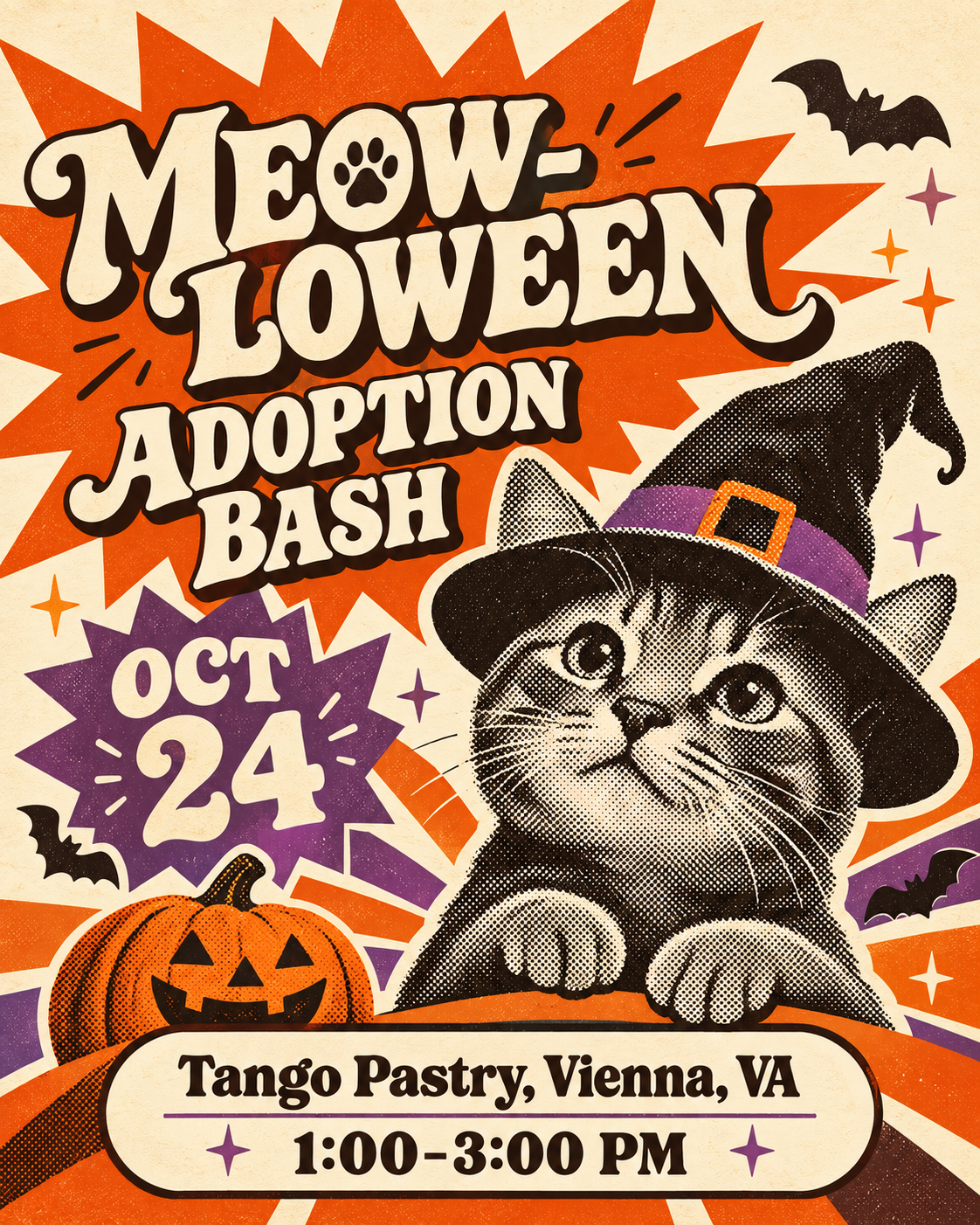 🎃 MEOW-LOWEEN ADOPTION BASH | TANGO PASTRY VIENNA (380 MAPLE AVE W) — SATURDAY, OCT 24, 1:00–3:00 PM 🐱👻