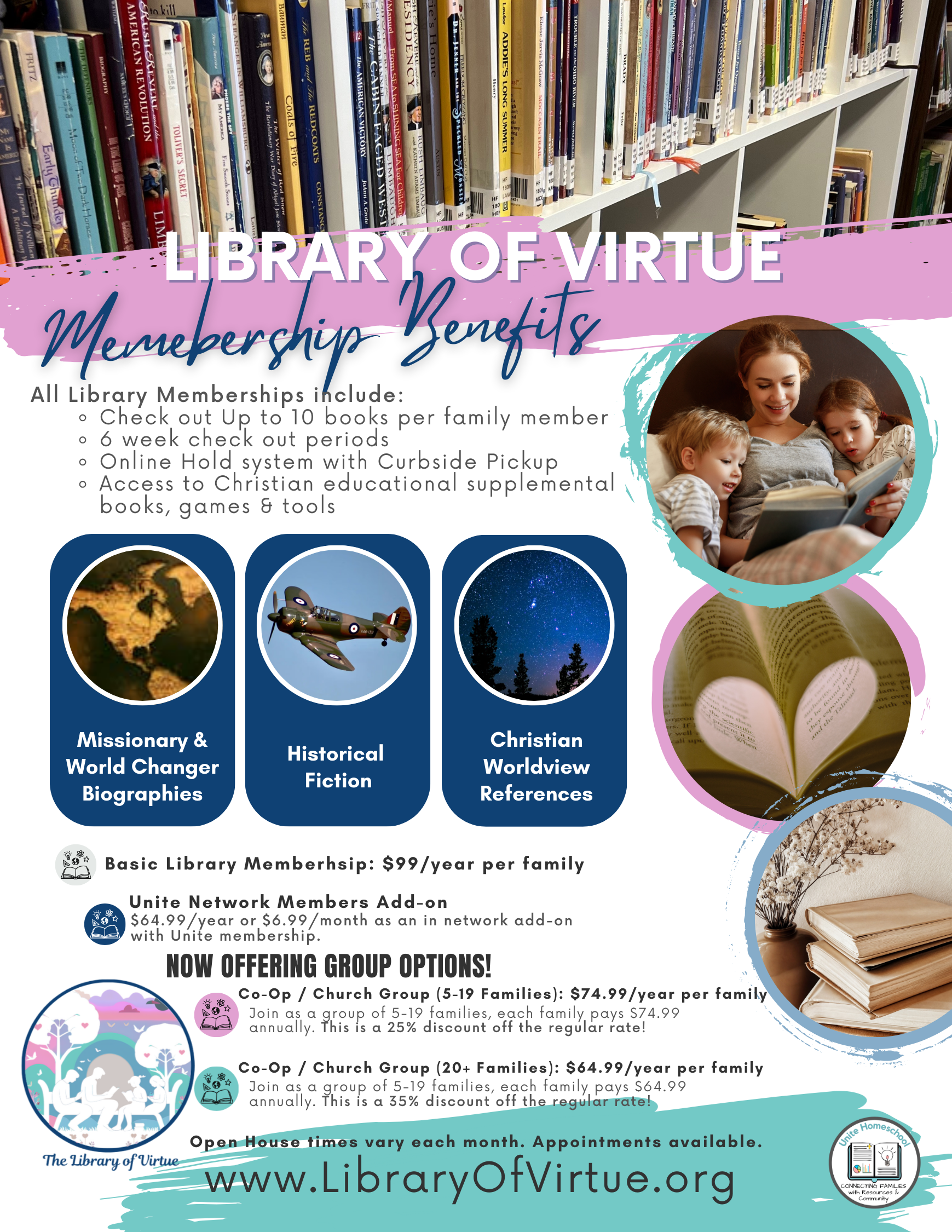 A colorful flyer promoting library membership benefits, featuring images of books, a family reading together, a starry sky, and icons for different types of biographies and references. The flyer includes details about membership options, prices, and contact information for The Library of Virtue.