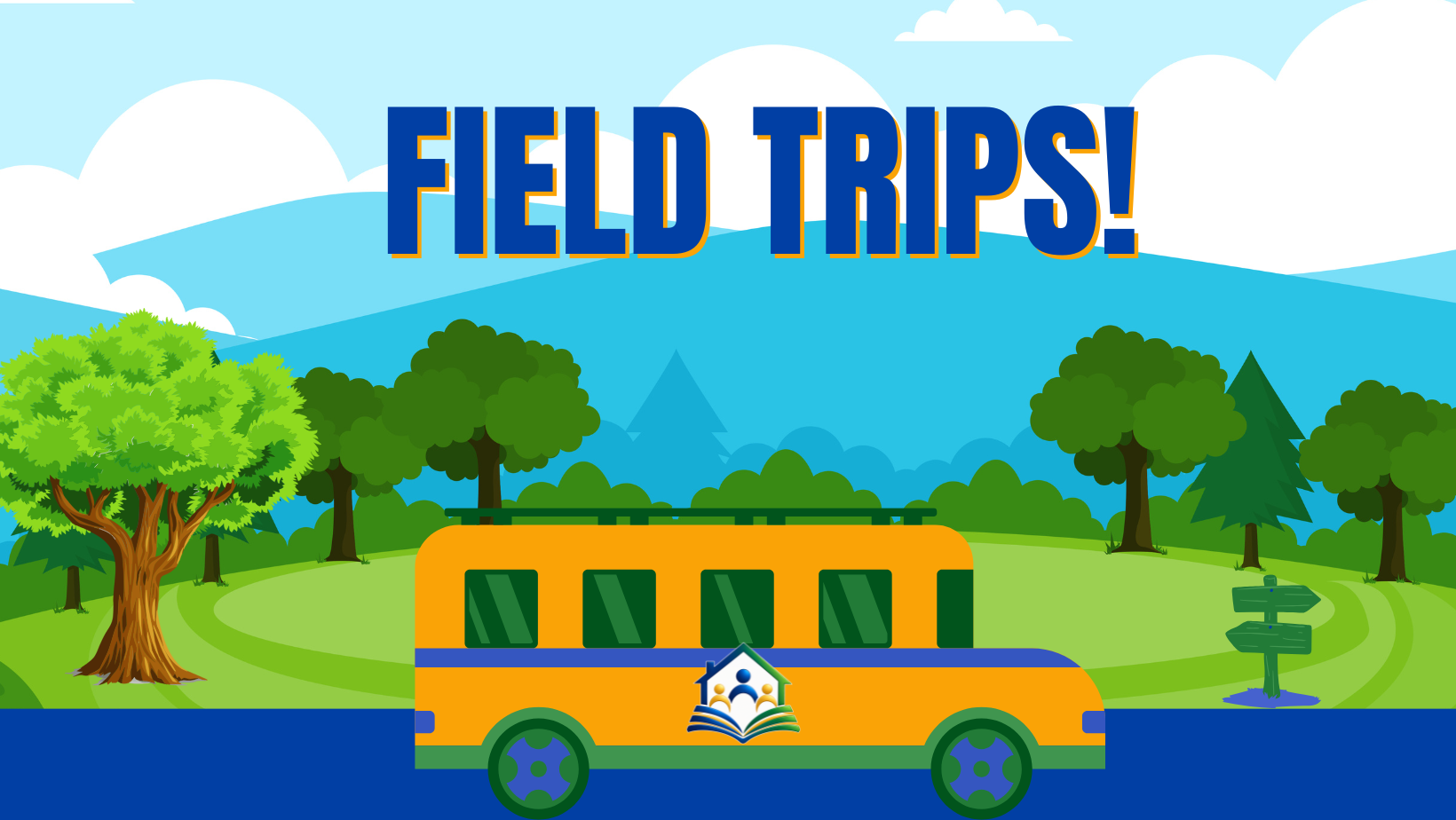 An illustrated scene of a pink and gray bus with a logo that says 'Unite Homeschool' on a road, surrounded by green trees and grassy hills, with a backdrop of mountains and a sky filled with clouds and the sun. The text 'Join us for a field trip!' is displayed prominently above the scene.