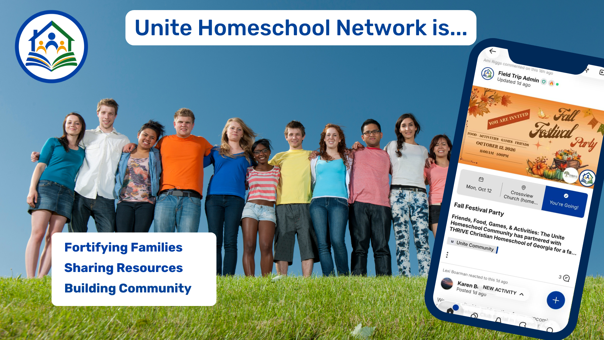 A promotional graphic for Unite Homeschool Network with a list of features and a smartphone displaying the network's app interface. The features include only homeschoolers, field trips, local events and parties, mentor moms, virtuous library, and online encouragement off social media, each with a pink checkmark.