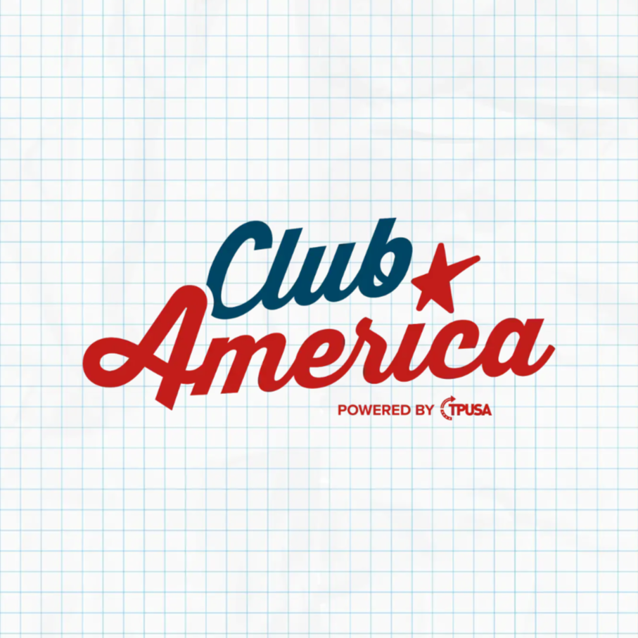 Close-up of a logo with the words 'Club', 'America', and 'Powered by Tpusa' on a grid background, featuring a red star.