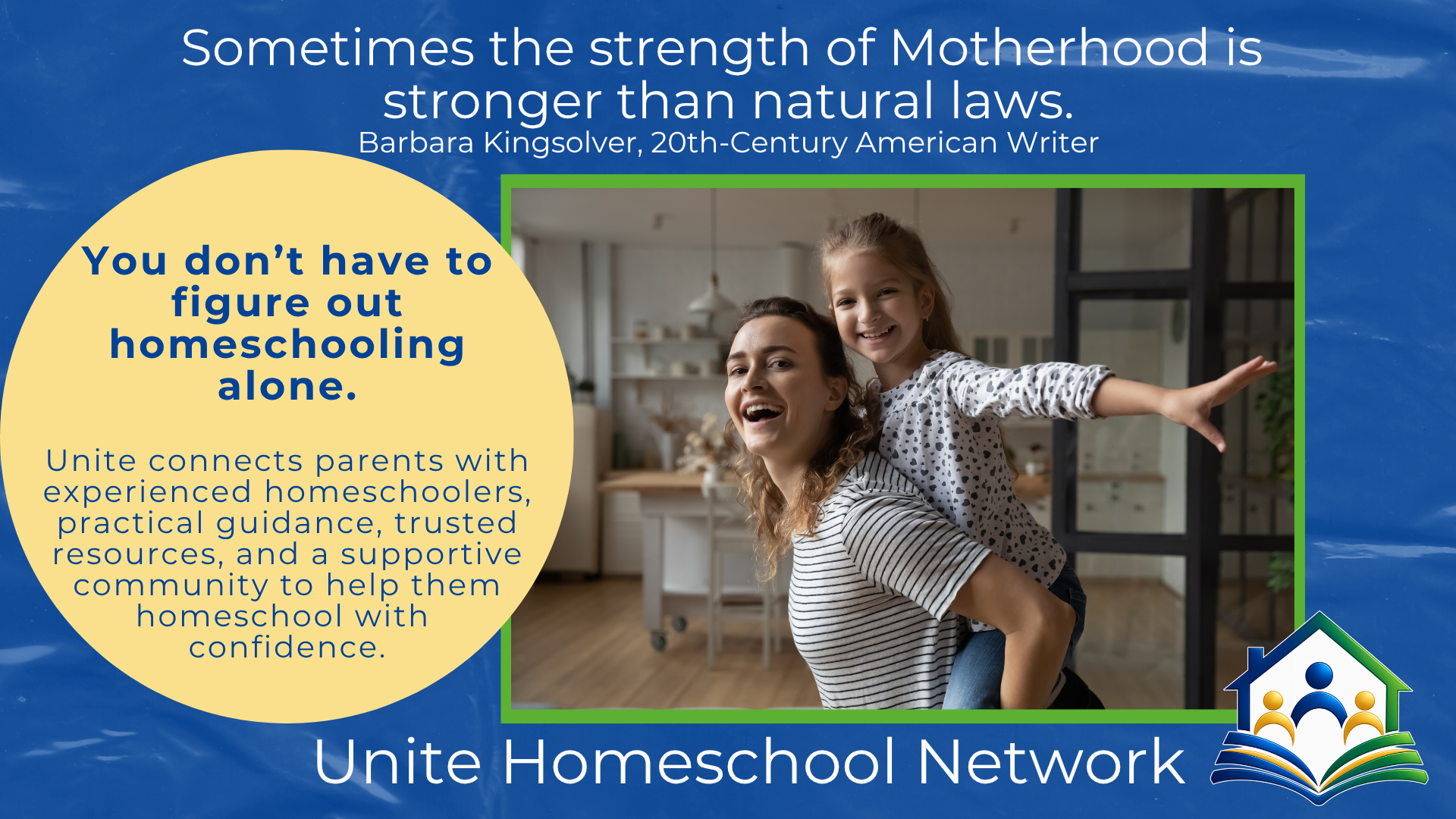 Two smiling women, a mother and her daughter, in a bright, modern kitchen, with the daughter on the mother's back and arms outstretched, indicating joy and togetherness.
