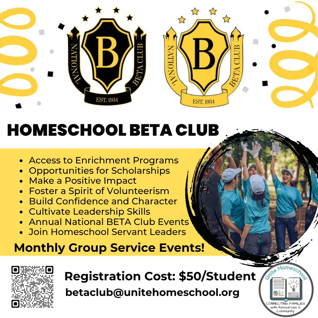 Flyer for Homeschool Beta Club featuring two shield logos with a letter B, celebrating EST 1934, and yellow decorative elements. Includes a photograph of children wearing blue shirts and hats, high-fiving outdoors, along with event details, benefits, a QR code, and contact information.