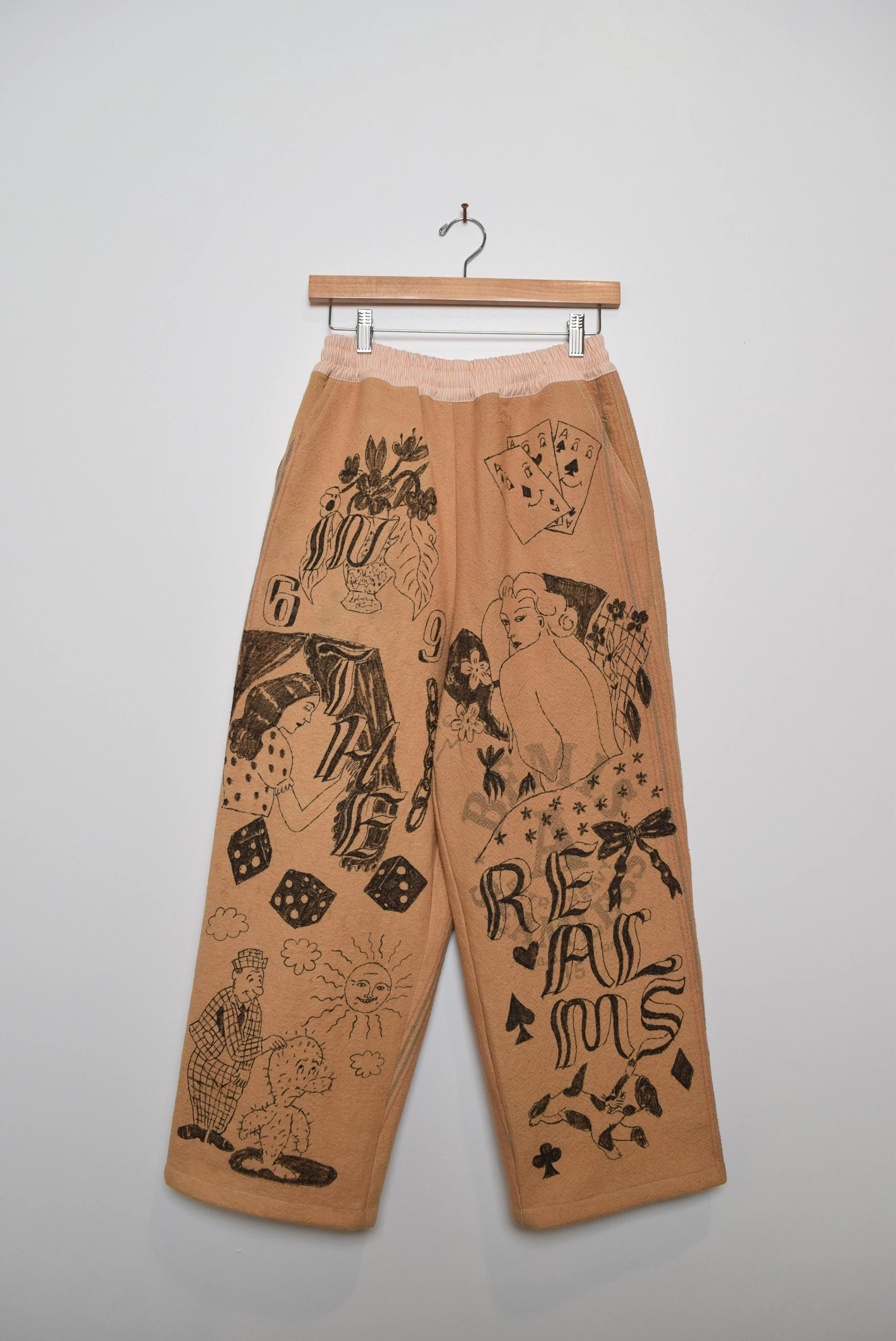 hand drawn "peach pit" cotton feed sack pants XS
