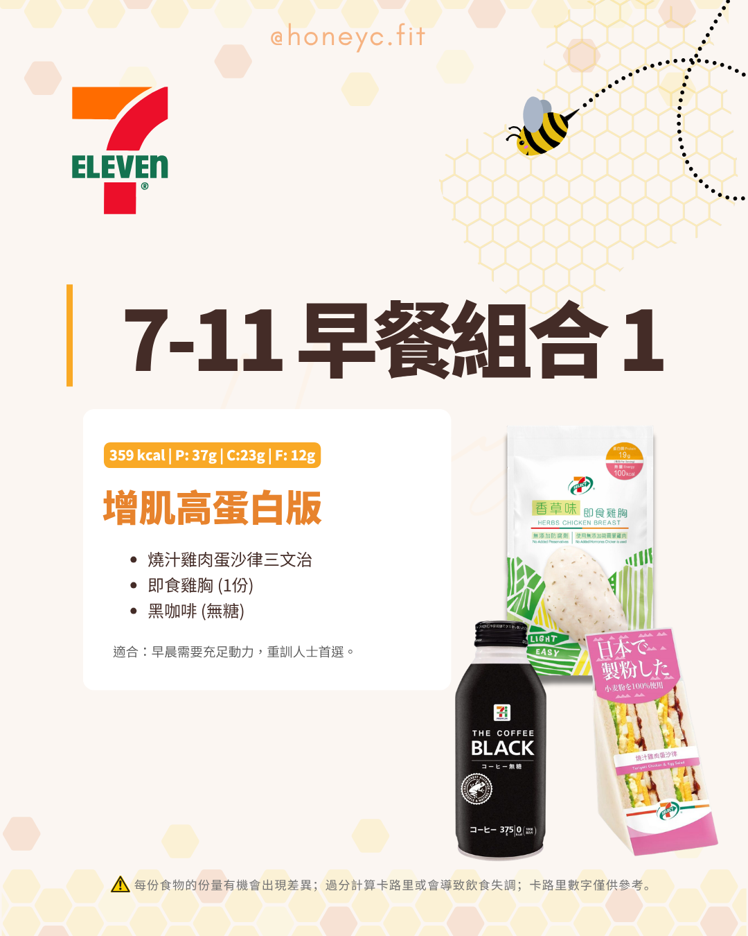 🟢 組合一：【增肌大隻版】蛋白質爆棚，能量滿分 如果你今日收工要去執鐵（Gym），或者朝早需要好多能量，揀呢個！  組合清單： 燒汁雞肉蛋沙律三文治 + 即食雞胸 + 黑咖啡  熱量： ~359 kcal  Macro數據： 蛋白質 37g | 碳水 23g | 脂肪 12g