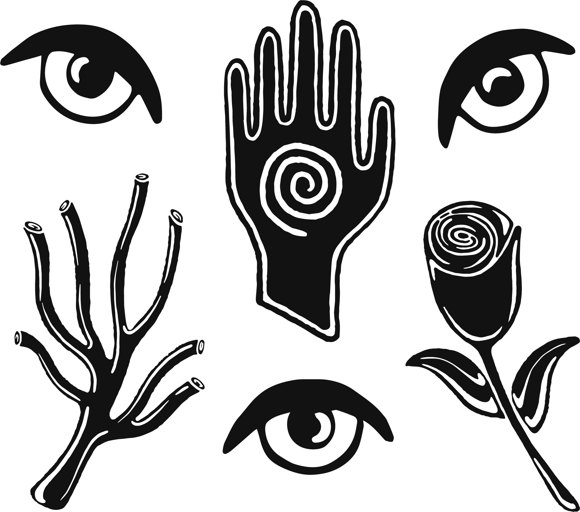 Black and white illustration of various tree branches and a hand with spiral patterns on the palm, surrounded by stylized eyes and coiled shapes.