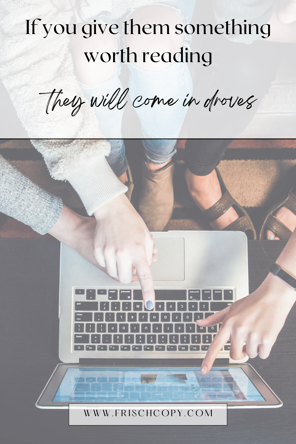 This photo is a bird's eye view of a table with a laptop on it, so we're looking down at the keyboard. Three women are sitting on a couch in front of a table, two of them pointing to something on the screen and one with her hand on the track pad.