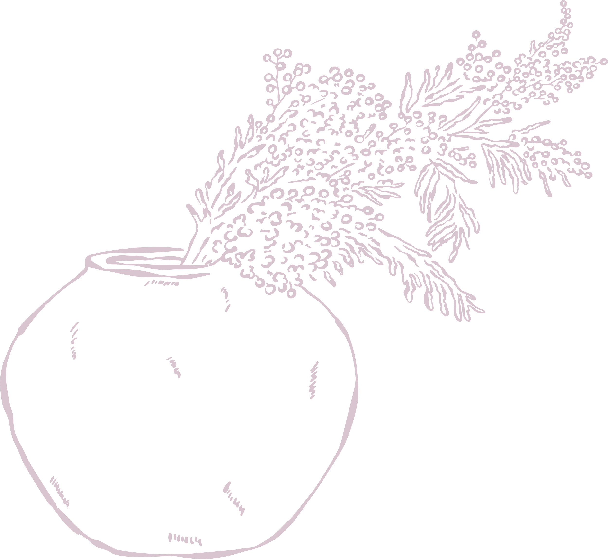 Outline drawing of a woman holding a large bouquet of flowers against a black background.