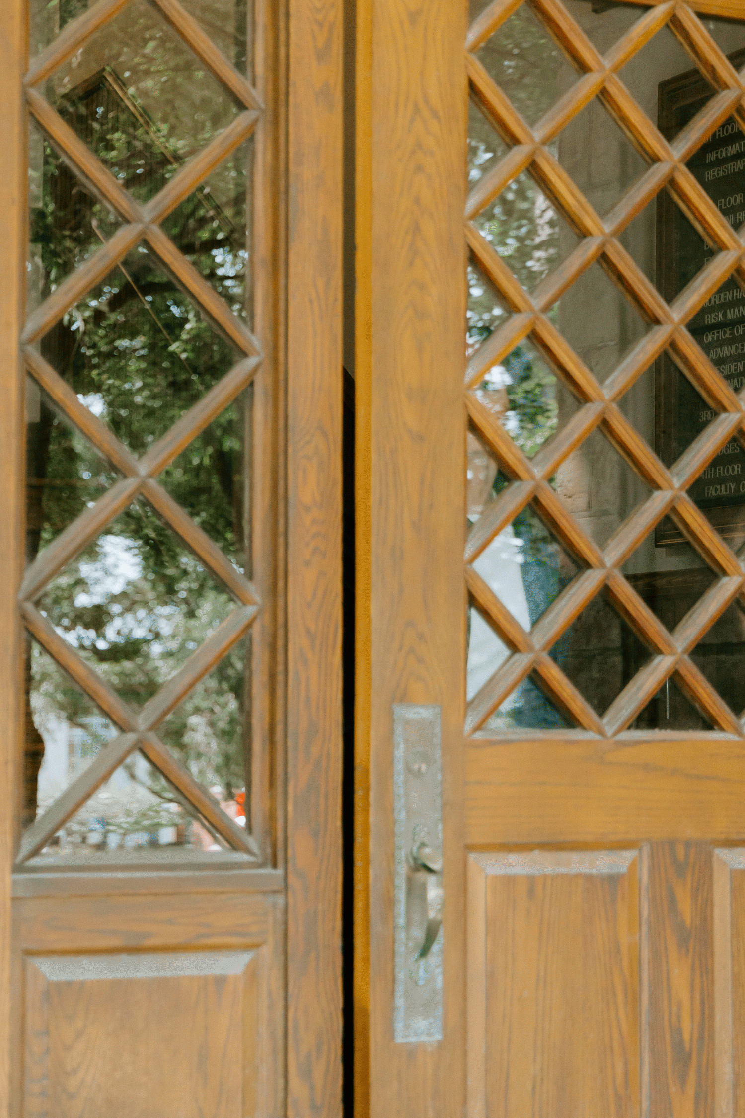 Wooden lattice door with glass panels and a metal latch.