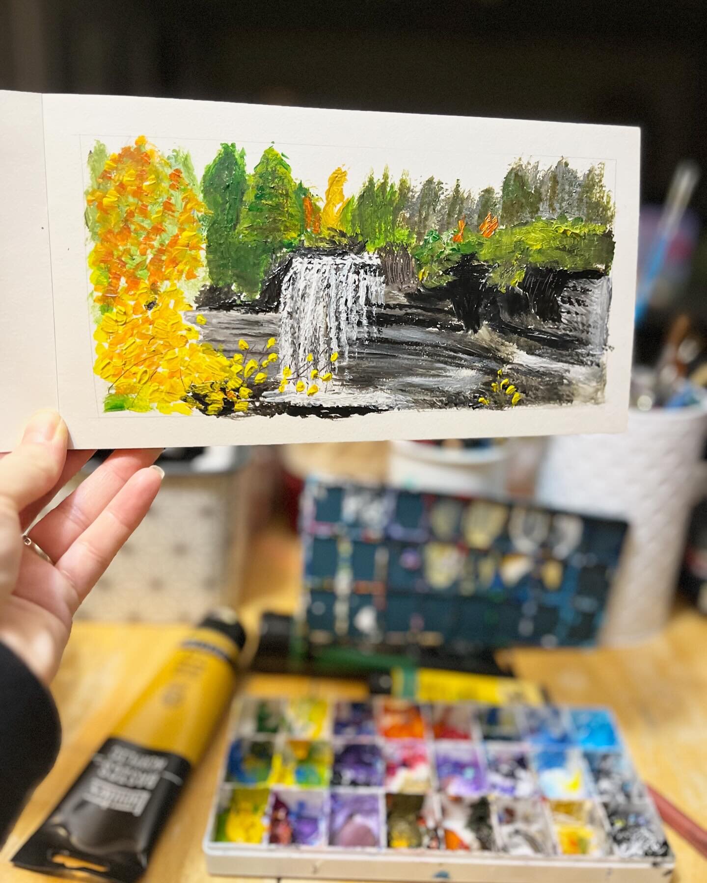 Day 33! I haven&rsquo;t had a lot to show since I worked on a floral painting (which I hate lol) and a fall scene (scroll to see the unfinished piece, I&rsquo;ll finish this weekend). But tonight I did a little paint sketch of Bridal Veil Falls. 

I 
