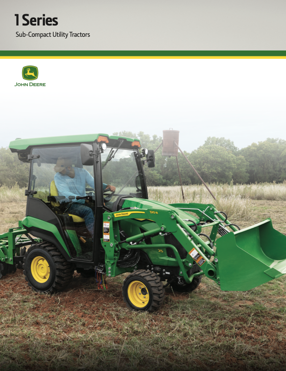 A man operating a John Deere 1 Series Sub-Compact Utility Tractor with a 120R loader attachment.