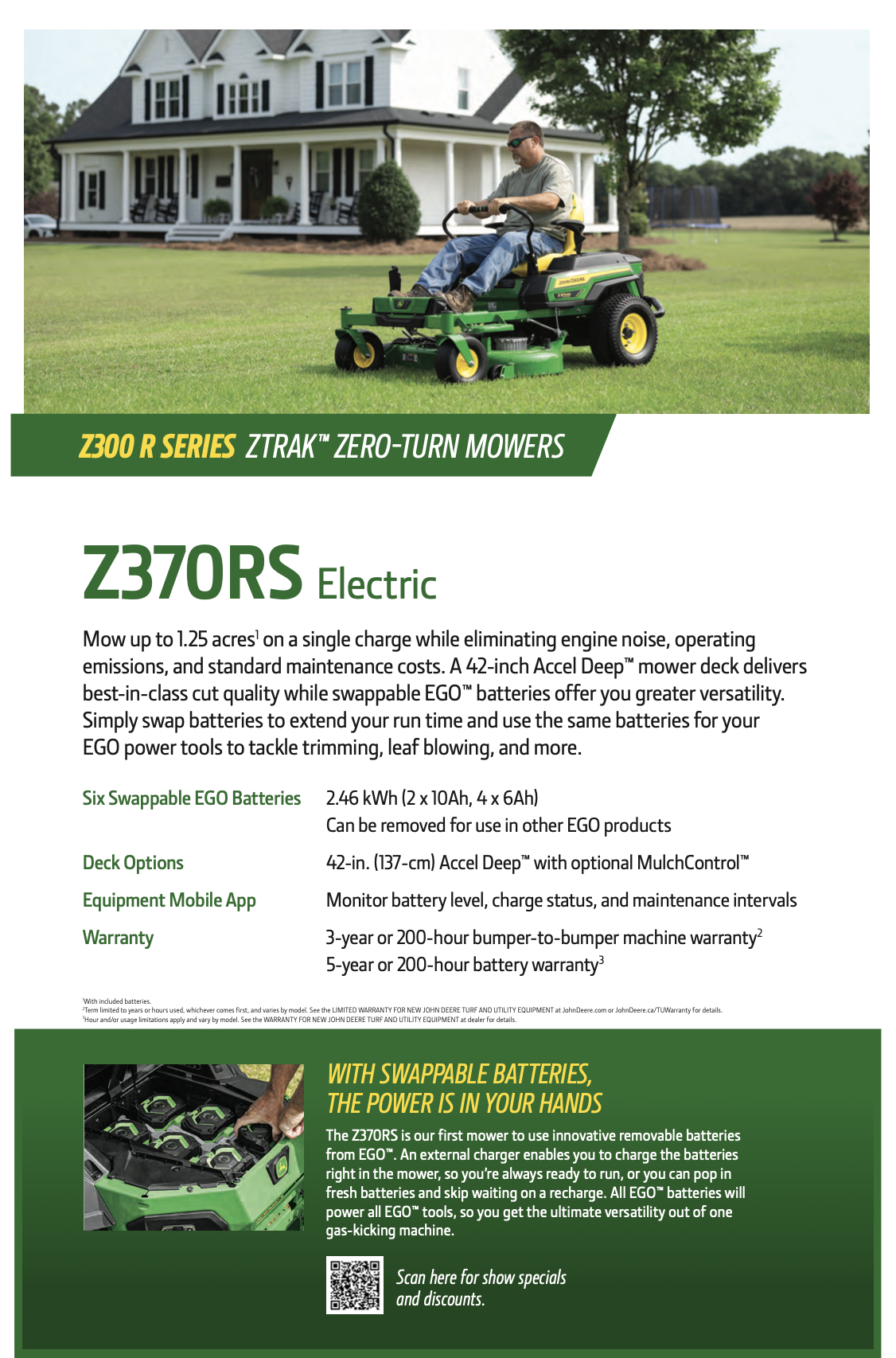 Product sign for a John Deere Z370RS electric zero-turn mower.