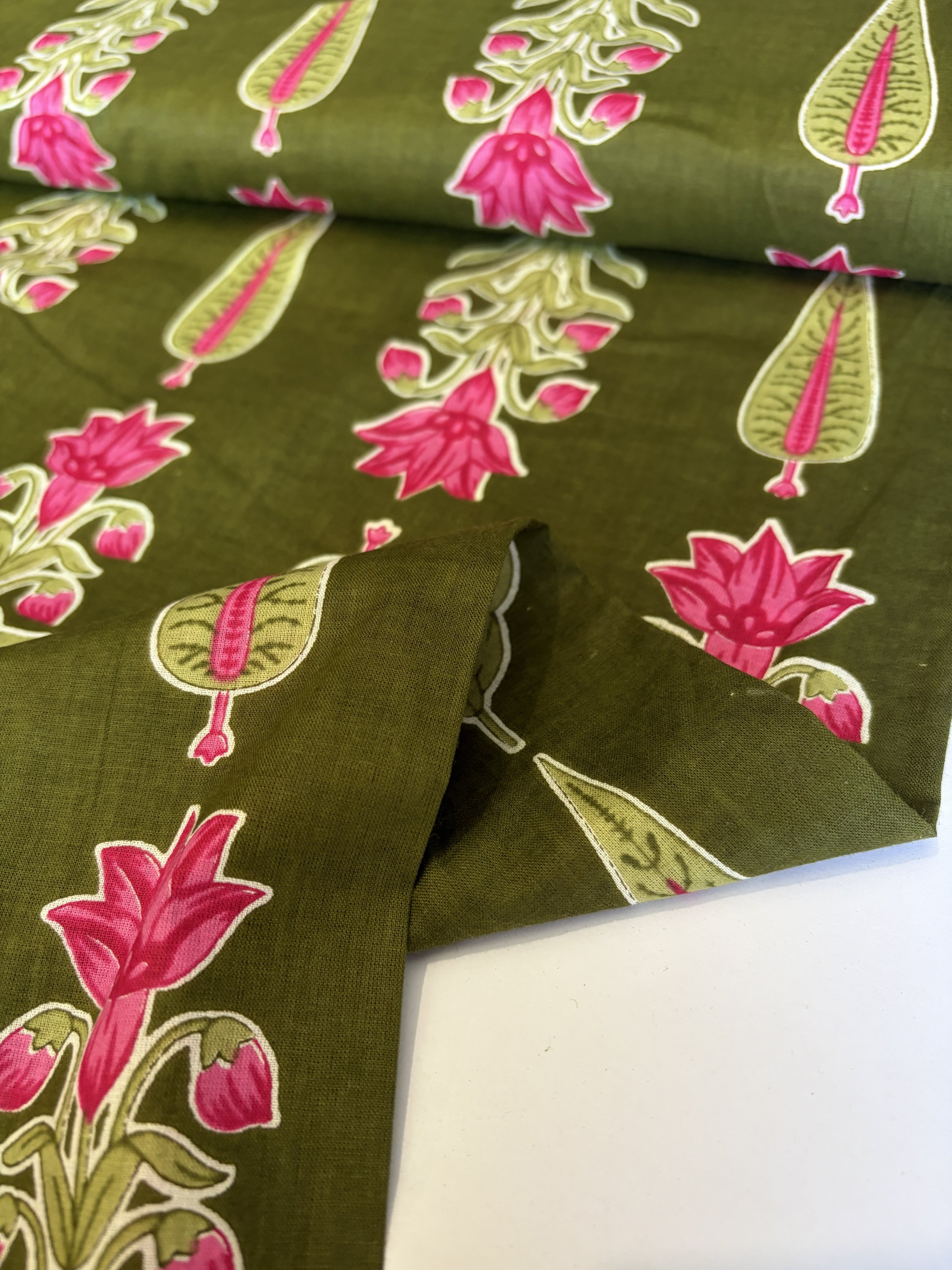 Lady McElroy - Cypress Botanics Olive Hand Dyed Block Print Indian Cotton Lawn