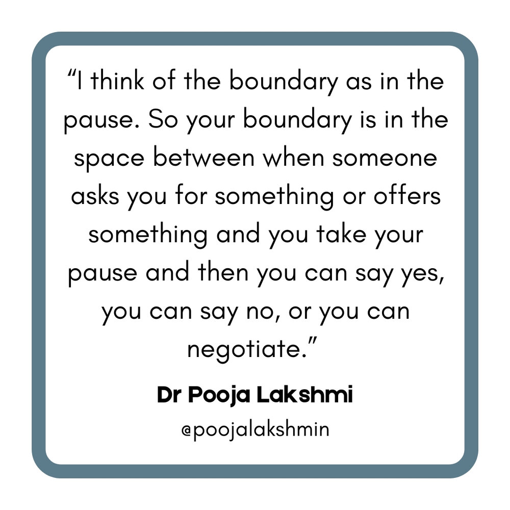 Speaking about boundaries and how they tie in with #realselfcare @poojalakshmin said,​​​​​​​​
&quot;I think of the boundary as in the pause. So your boundary is in the space between when someone asks you for something or offers something and you take