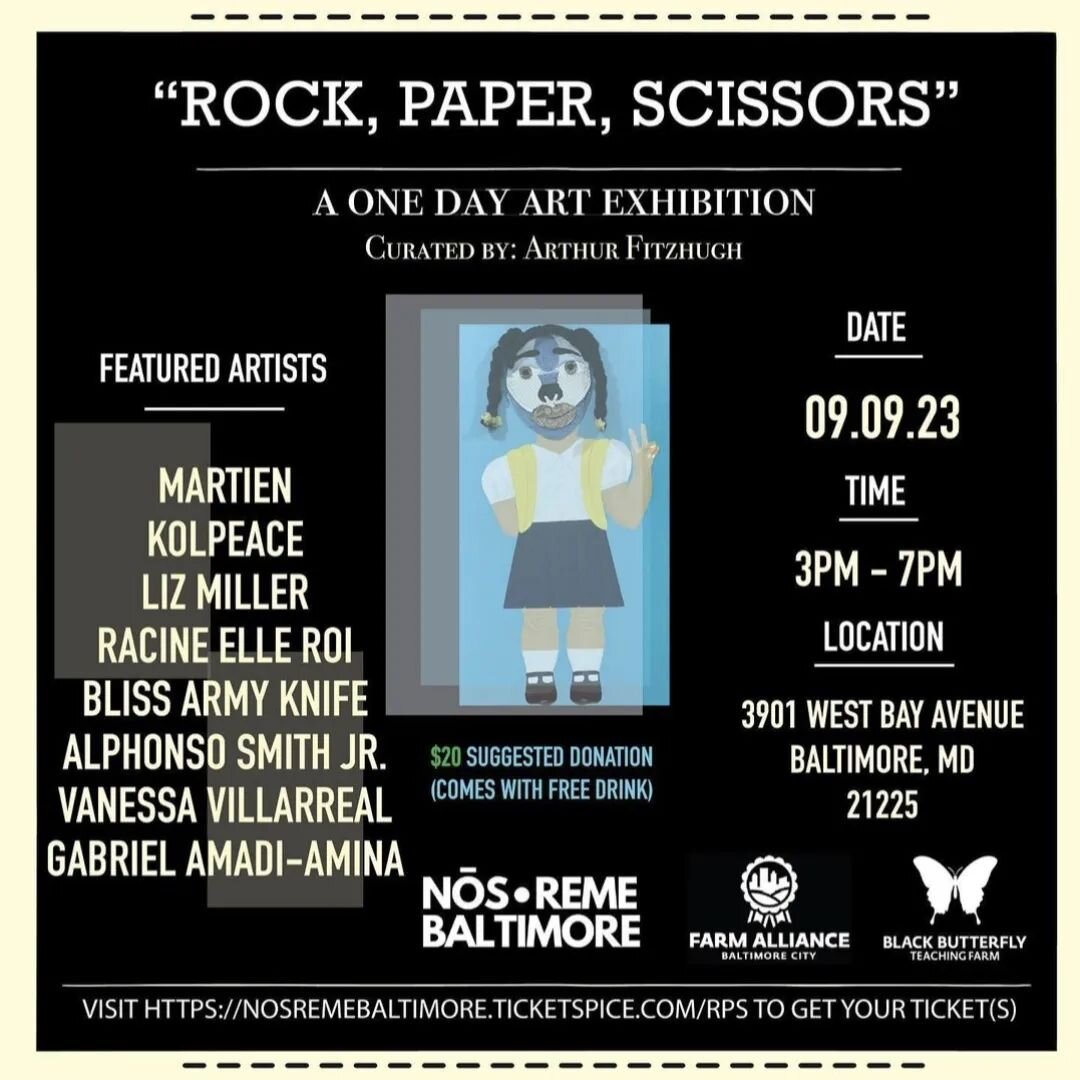 We are so excited for our pop up art exhibit, &quot;Rock, Paper, Scissors&quot; curated by @artfitzyou 

Please read below for more information + click the link in bio to get your FREE ticket to the show!

----------

Here are our amazing featured ar