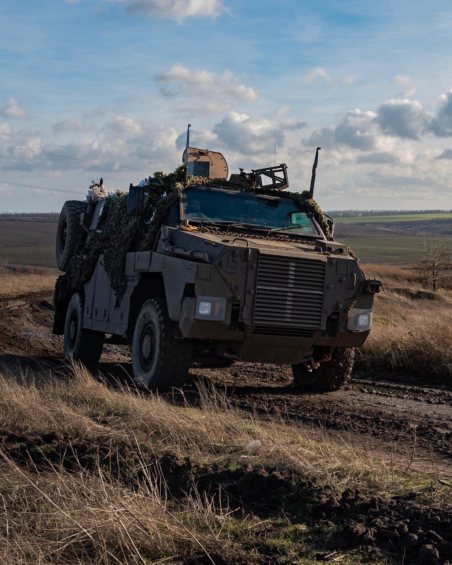 An Australian-built Bushmaster Protected Mobility Vehicle traverses terrain near the front line in Donetsk oblast, eastern Ukraine. Australia showed its support for Ukraine in the aftermath of the 2022 Russian invasion by gifting 120 Bushmaster vehic