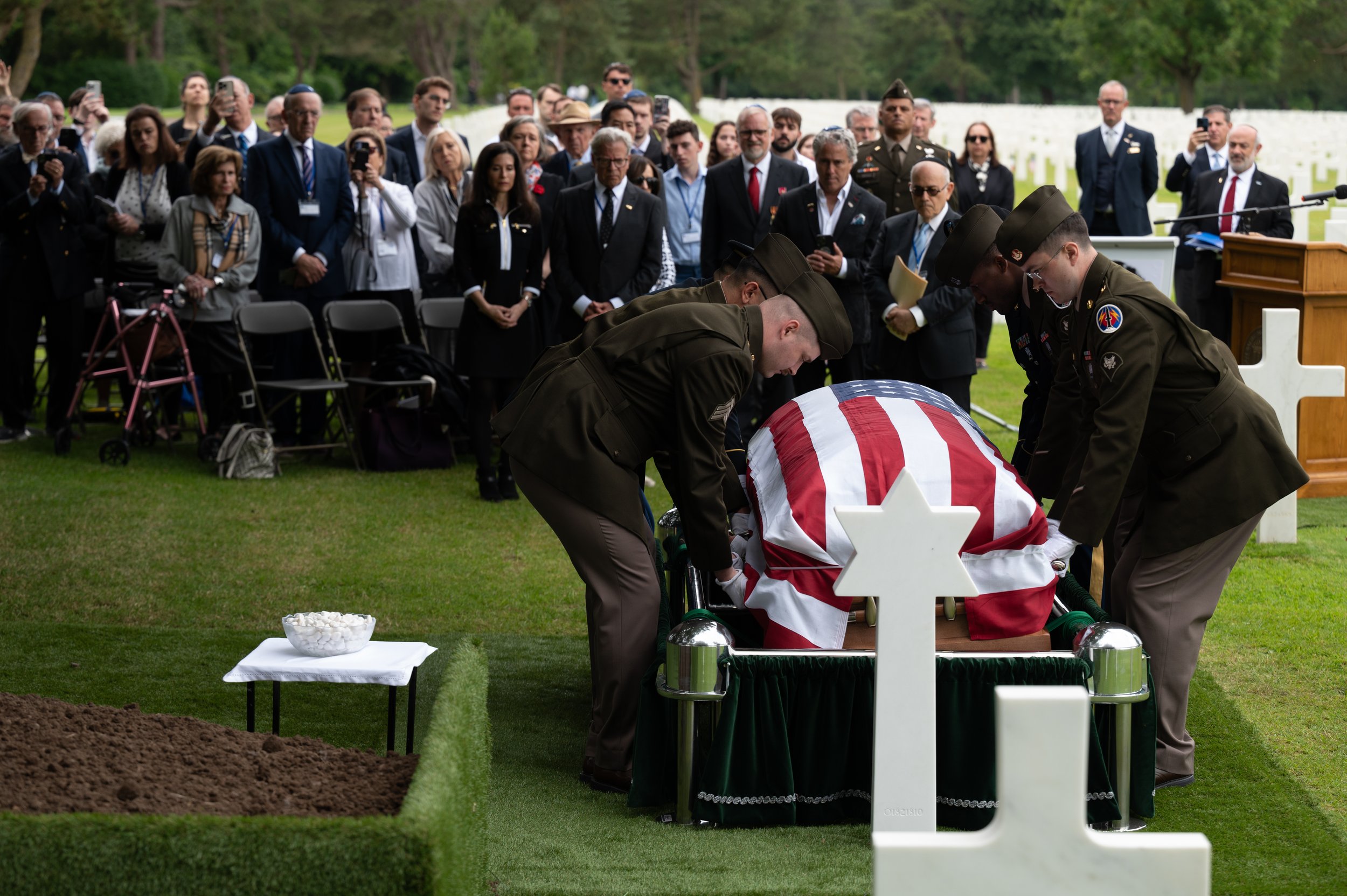 First Lieutenant Nathan Baskind killed in Normandy after D-Day being buried at Normandy American Cemetery in France