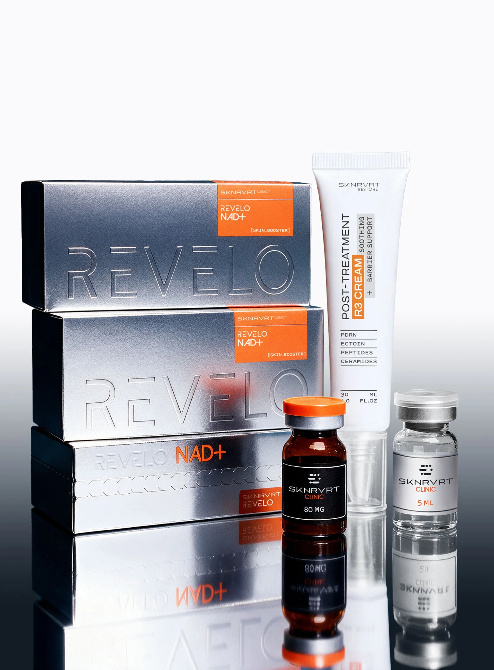 SKNRVRT REVELO NAD+ professional aesthetic treatment and RESTORE R3 post-treatment cream by RD MEDIC.