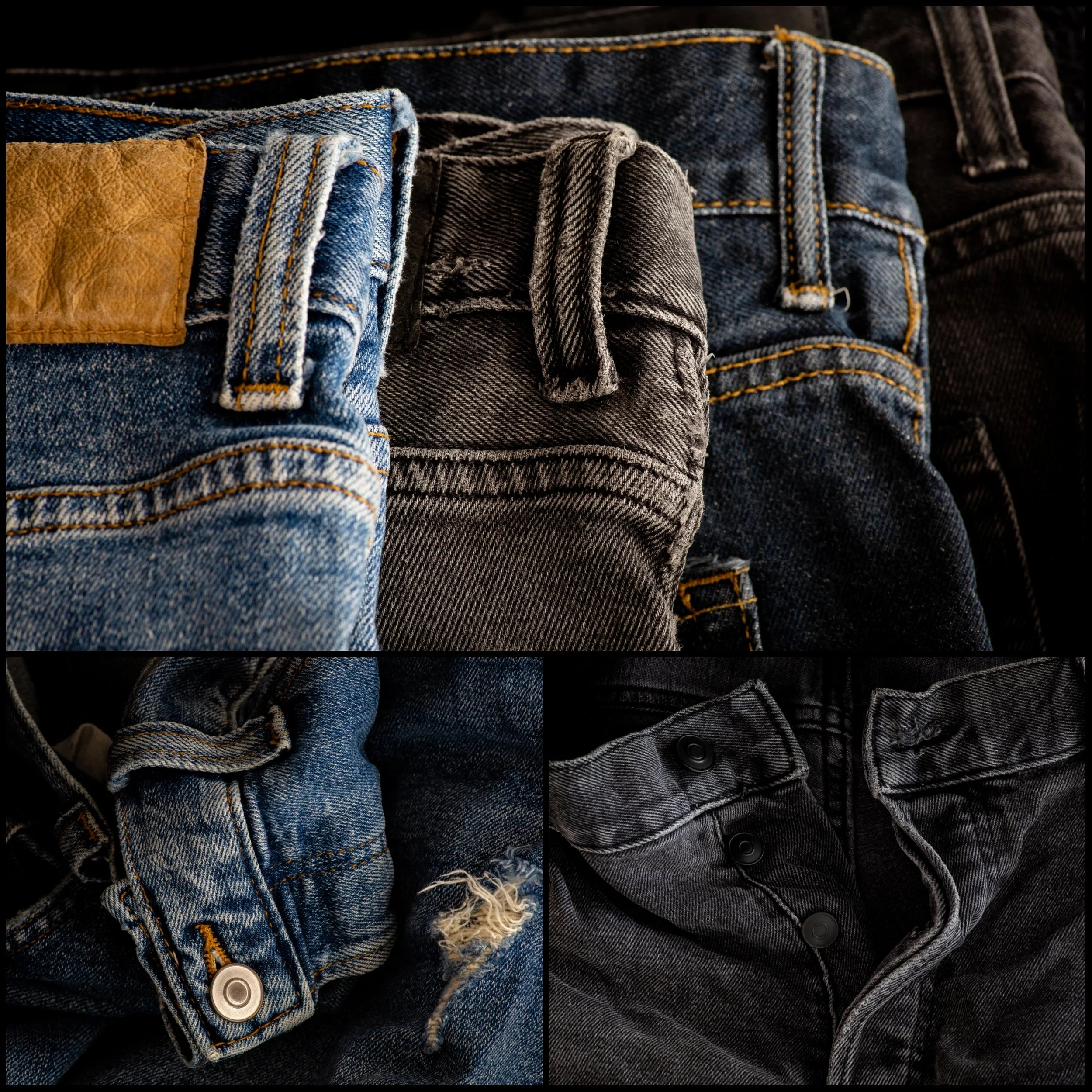 Close-up of five pairs of jeans with different styles, colors, and details such as tags, ripped parts, and buttons.