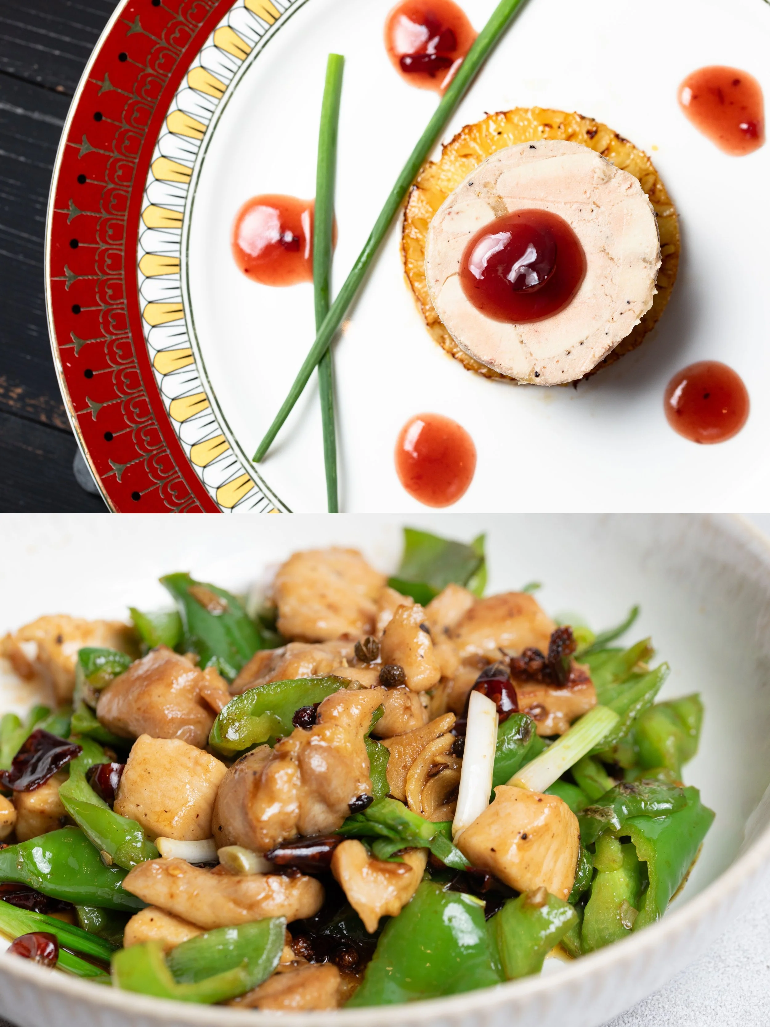 Top: a plate with a gourmet dish featuring a circular piece of foie gras topped with a cherry, garnished with two green chives and small drops of sauce. Bottom: stir-fried dish with diced chicken, green bell peppers, green onions, and black pepper in