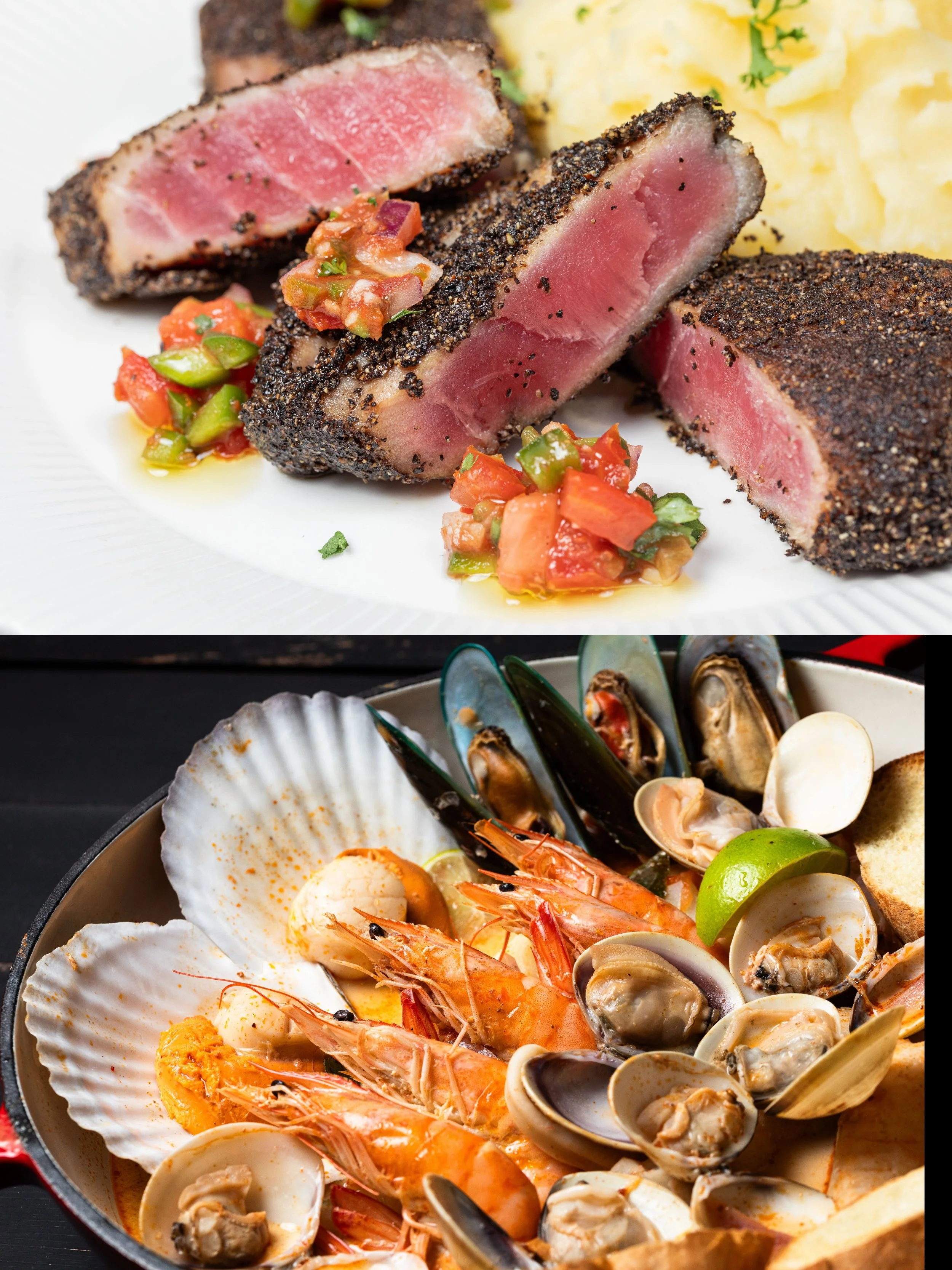 Top image of a plate with blackened seared tuna steak served medium rare, garnished with pico de gallo salsa and with mashed potatoes in the background.