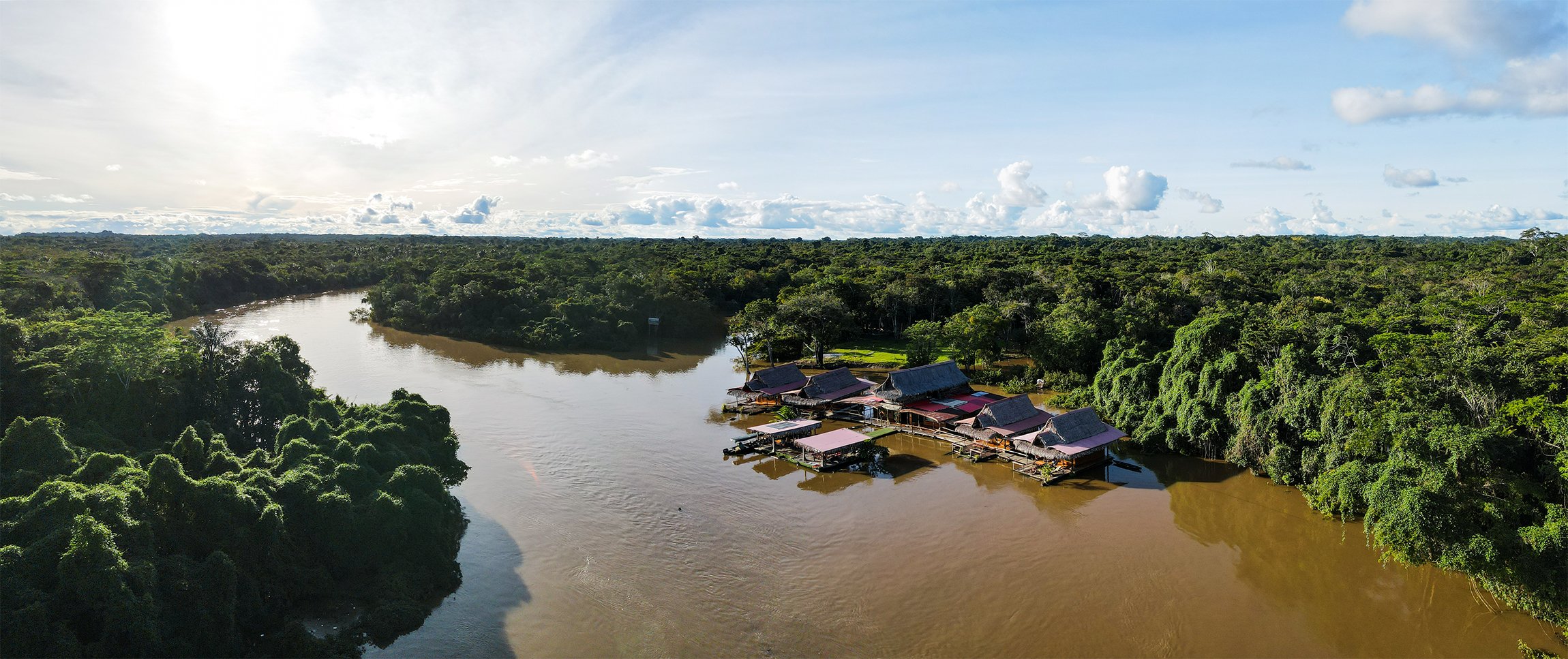 Just above the mouth of the Momón River, before joining the Rio Nanay, the floating Amazon Oasis Lodge is a popular destination for tourism near the city of Iquitos, Peru. Both rivers tributaries to the mighty Amazon River.