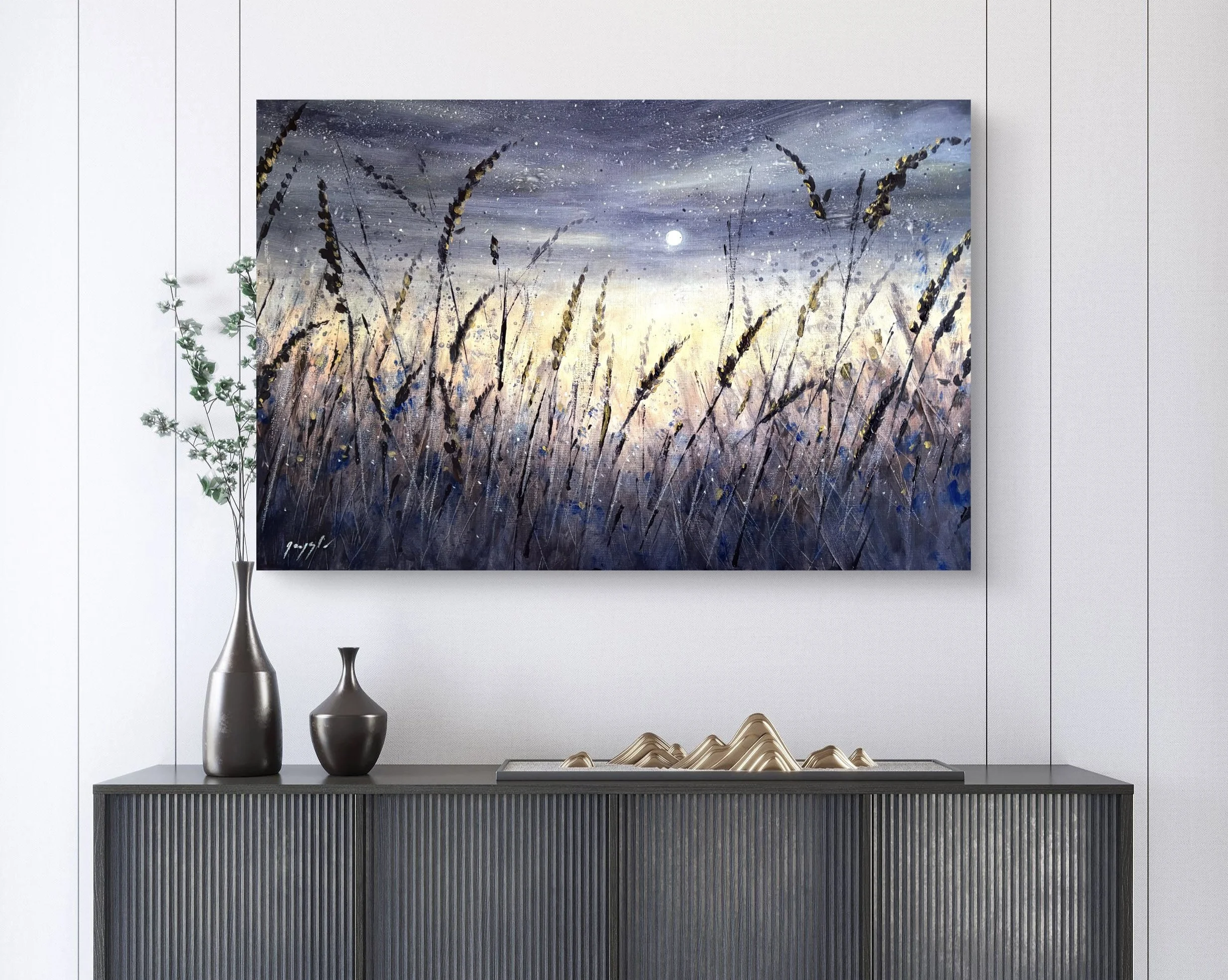 Original Painting - Moonlight's Song - Navy, Gold & Copper
