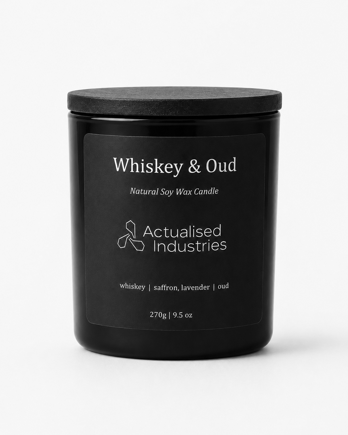 Actualised Industries Whiskey and Oud scented candle — deep woody fragrance, handcrafted natural soy wax