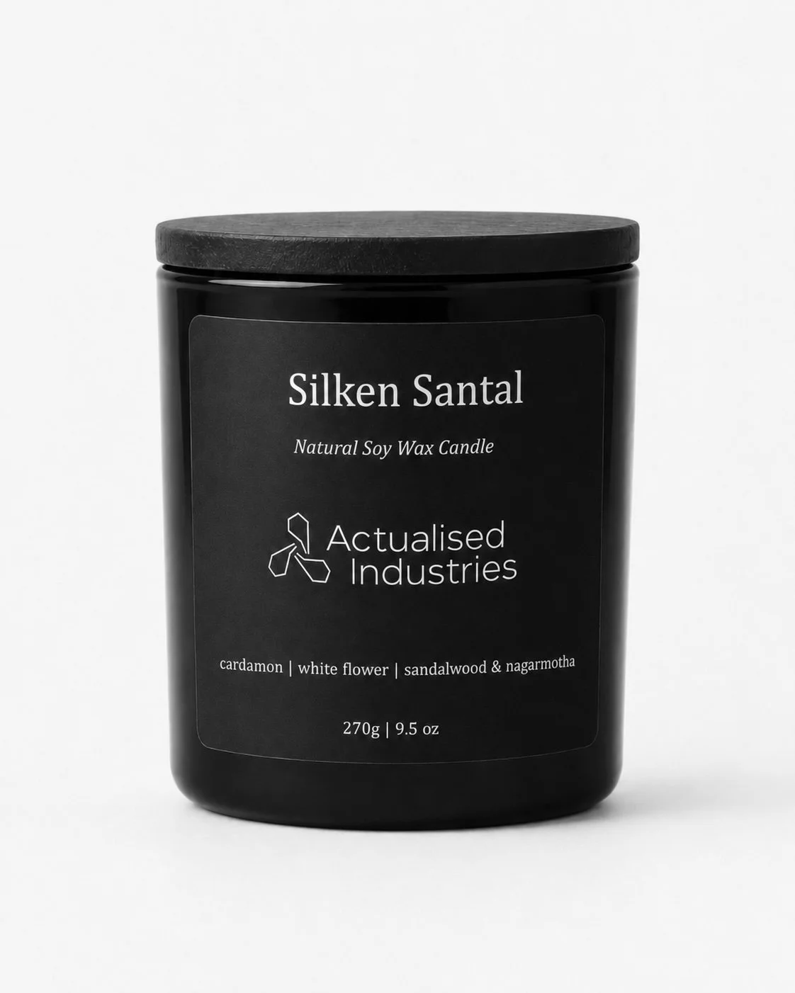 Actualised Industries Silken Santal scented candle — soft luxurious sandalwood scent, natural soy wax