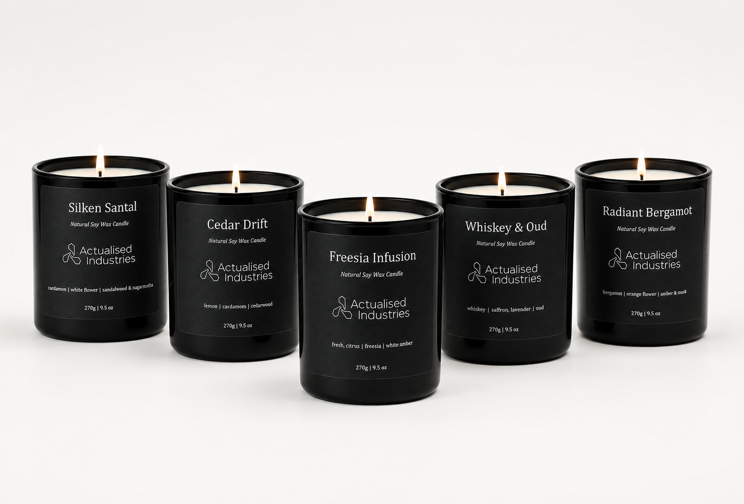 Candle Trio: Silken Santal, Cedar Drift, Freesia Infusion, Whiskey & Oud, and Radiant Bergamot